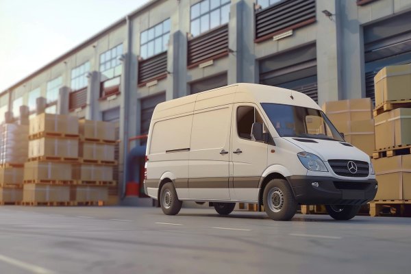 White Mercedes long wheel base van at warehouse