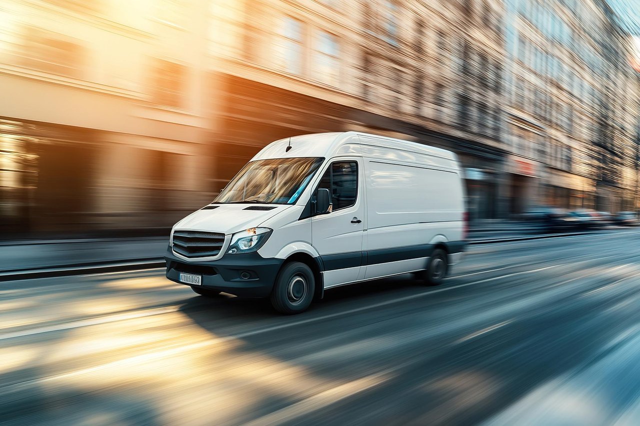Delivery van driving at speed for time-critical courier service