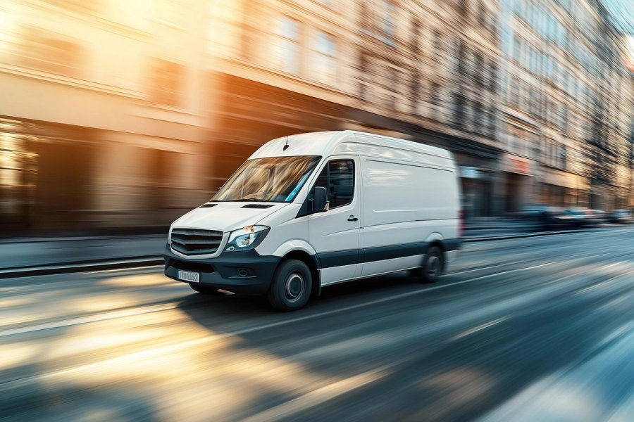 Delivery van speeding on road with motion blur