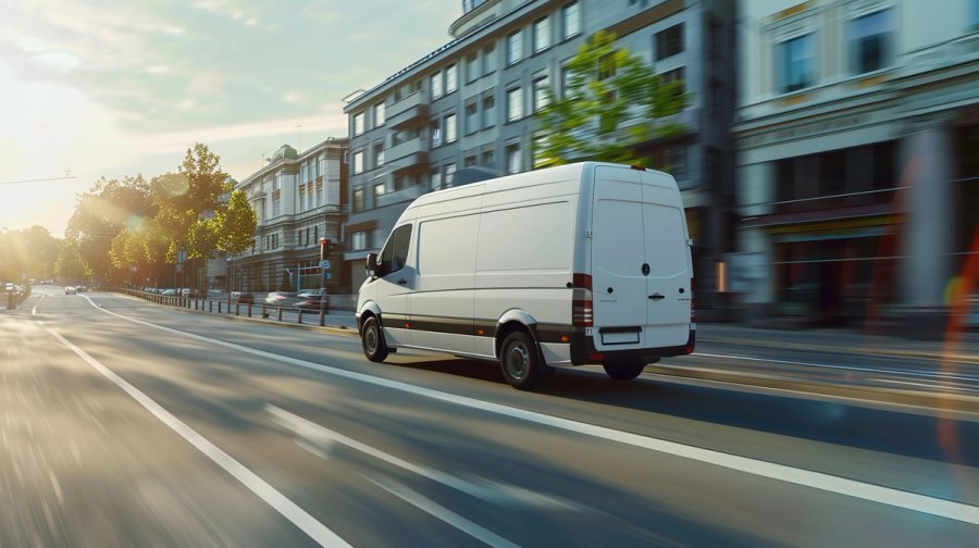 White delivery courier van moving fast on city road