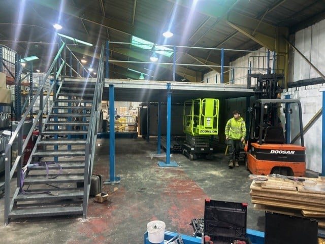 Industrial chemical storage facility showing mezzanine platform at Midland Oil Group Halesowen"