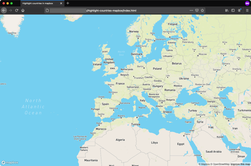 A browser window showing a full-size Mapbox map.