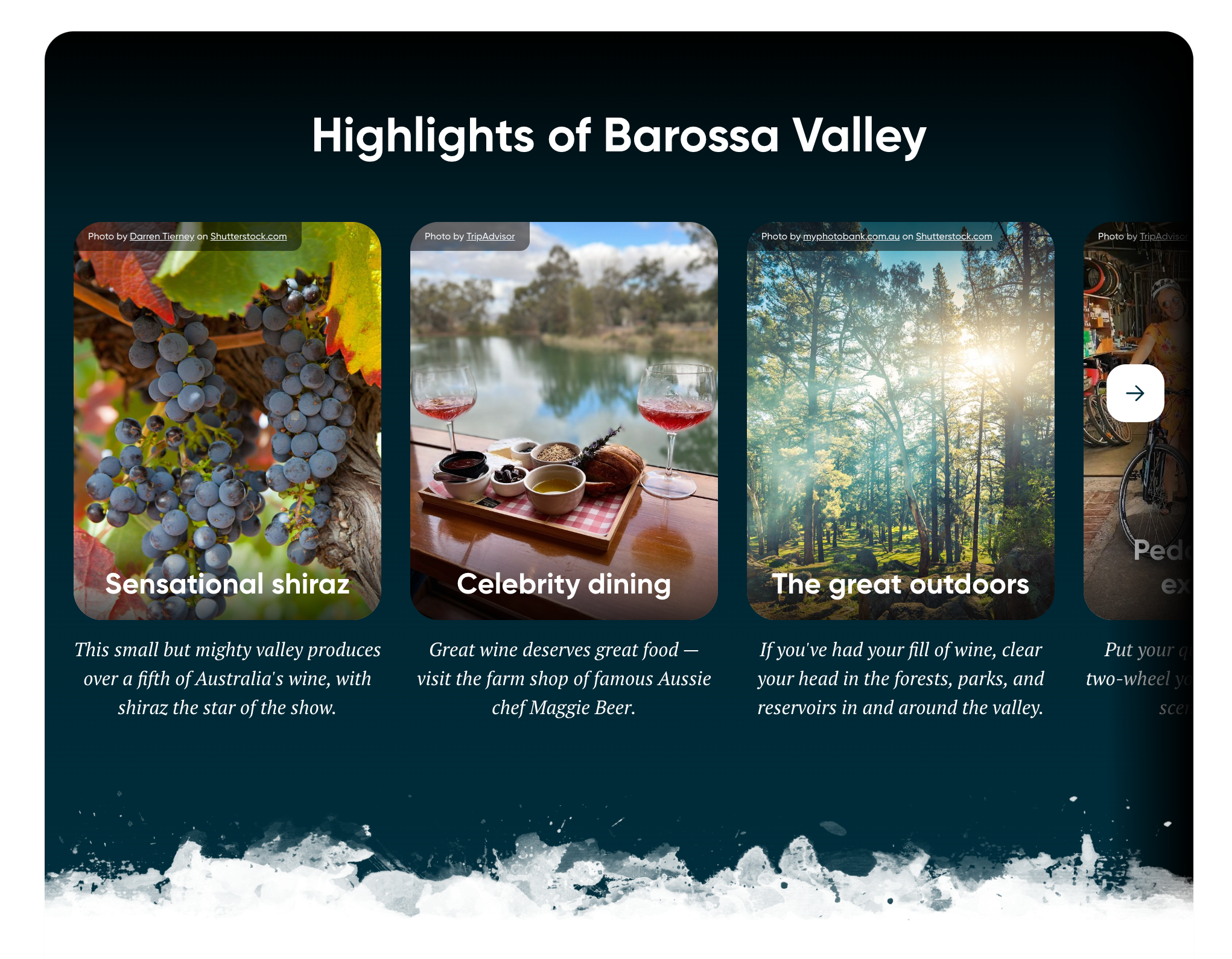 A screenshot of a carousel that shows the highlights of Barossa Valley, Australia.