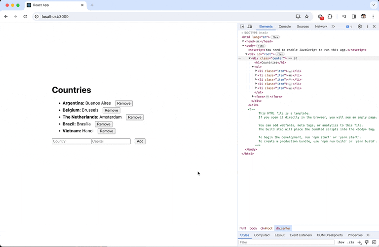 A screen recording of a browser window with the inspector open. It shows a list of countries and its capital. After each country is a "Remove" located and underneath the list is a small form to add a new country and capital. The recording first removes one country and then adds a new country. The inspector panel show that the entire list including its list items are re-created.