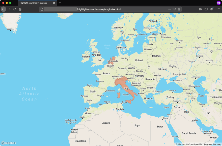 A browser window showing a full-size Mapbox map highlighting The Netherlands and Italy in red.