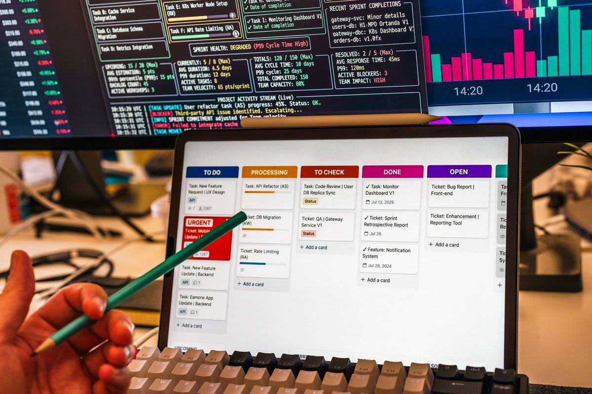 Employee monitoring automated business metrics and exception alerts on a laptop