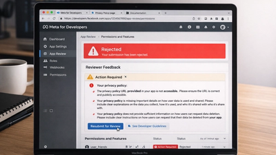 Facebook app review rejected due to privacy policy compliance issues