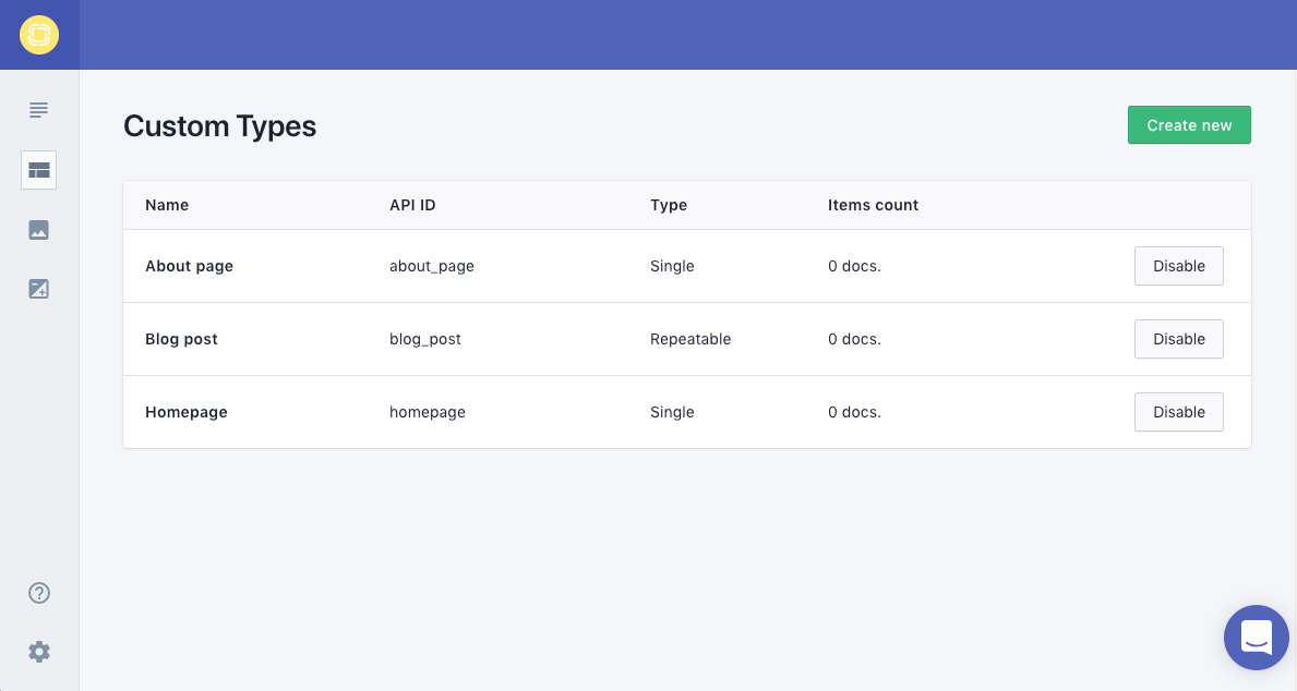 prismic custom types list