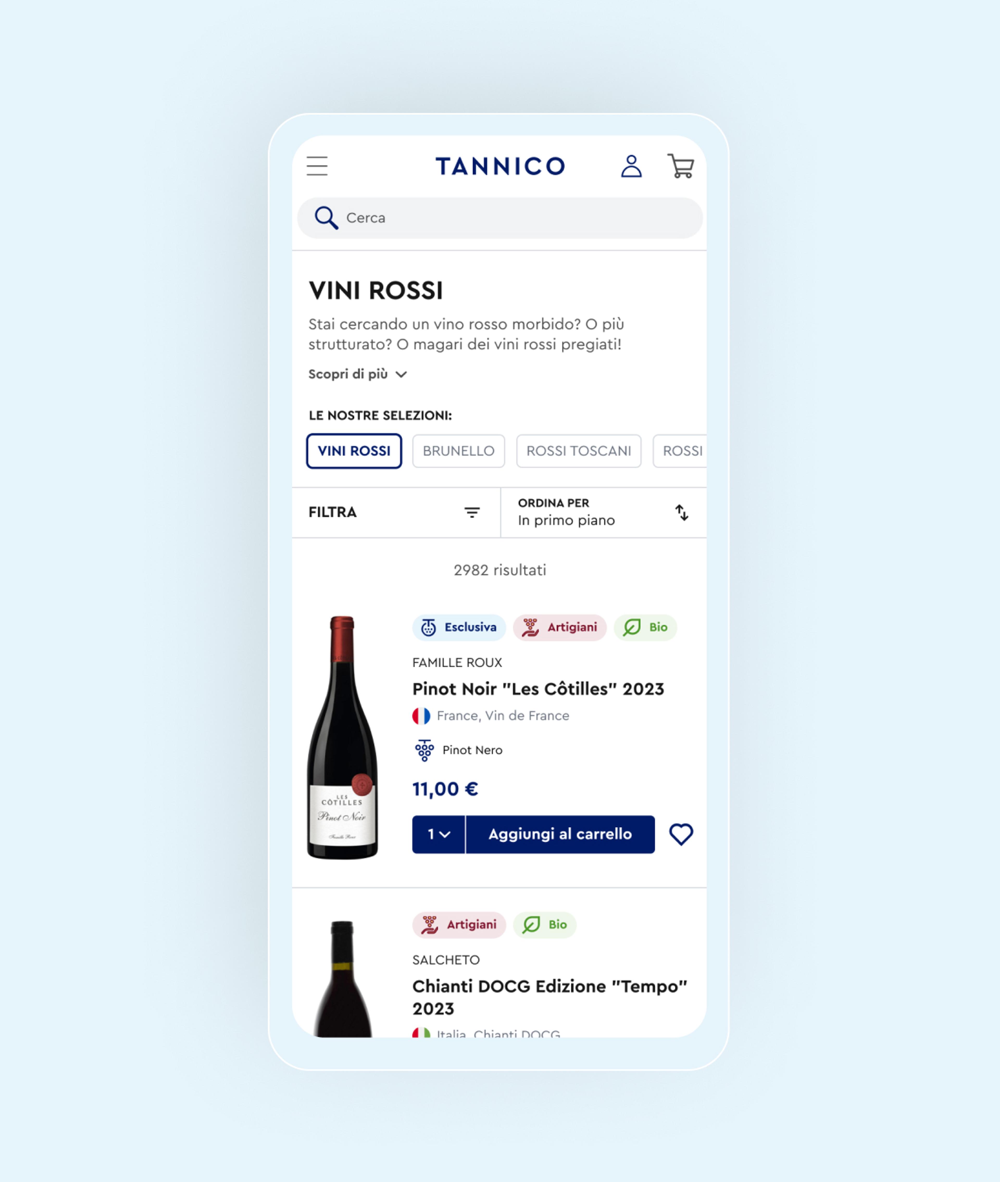 Tannico Mobile Product Listing Page