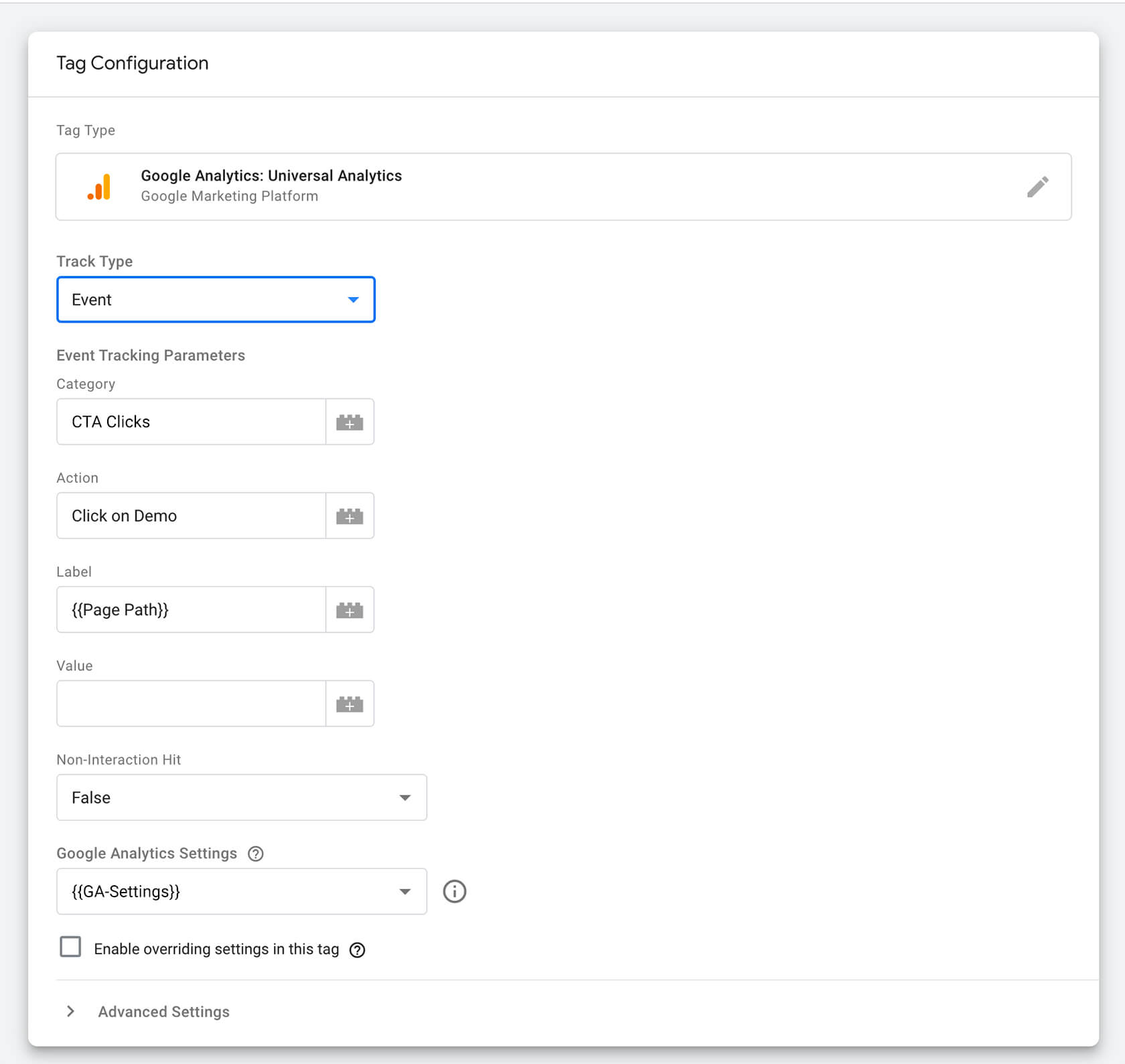 Google Tag Manager, configuration of a Tag