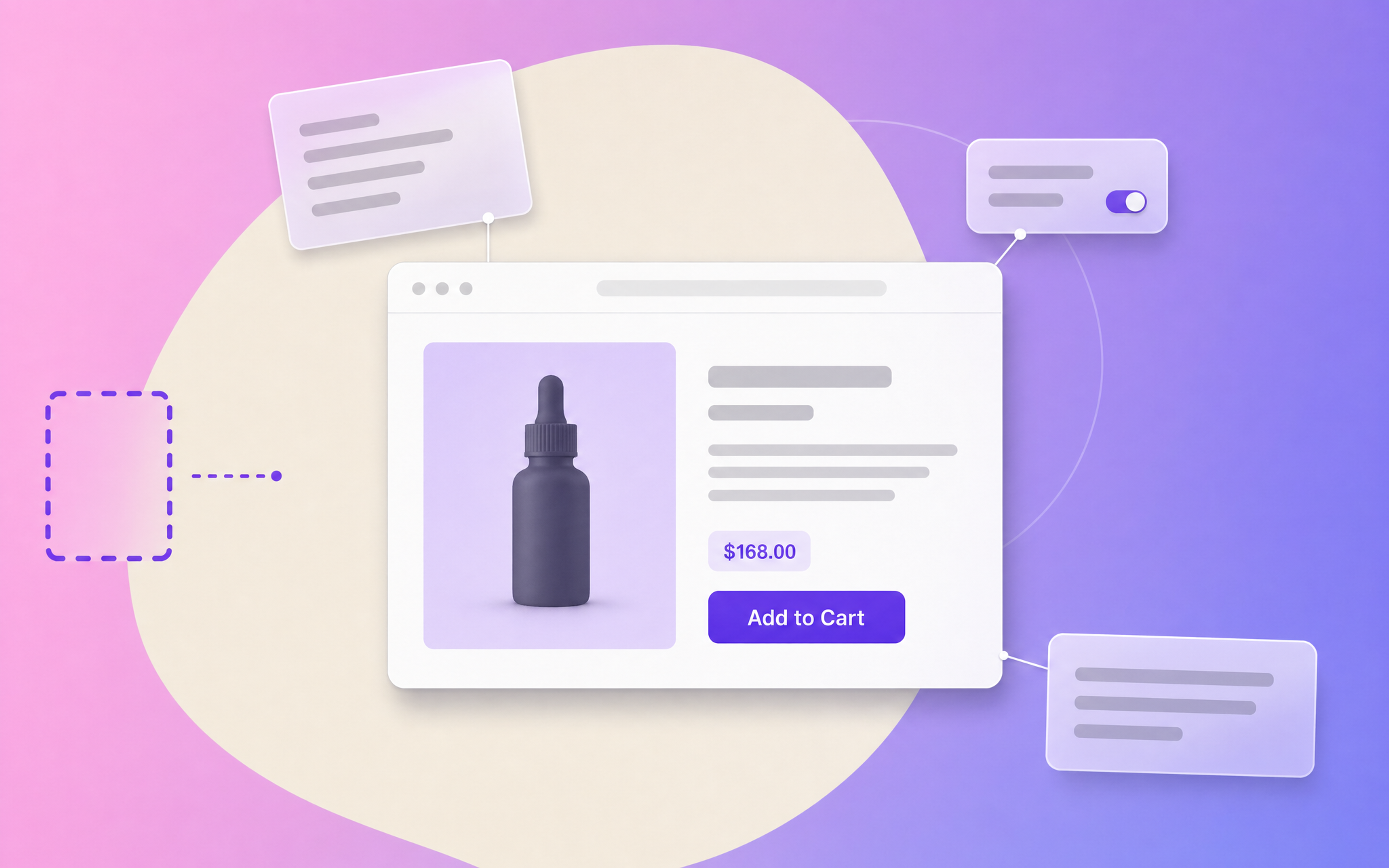 An illustrated Shopify product page surrounded by connected interface panels, with one panel left as an empty dashed outline