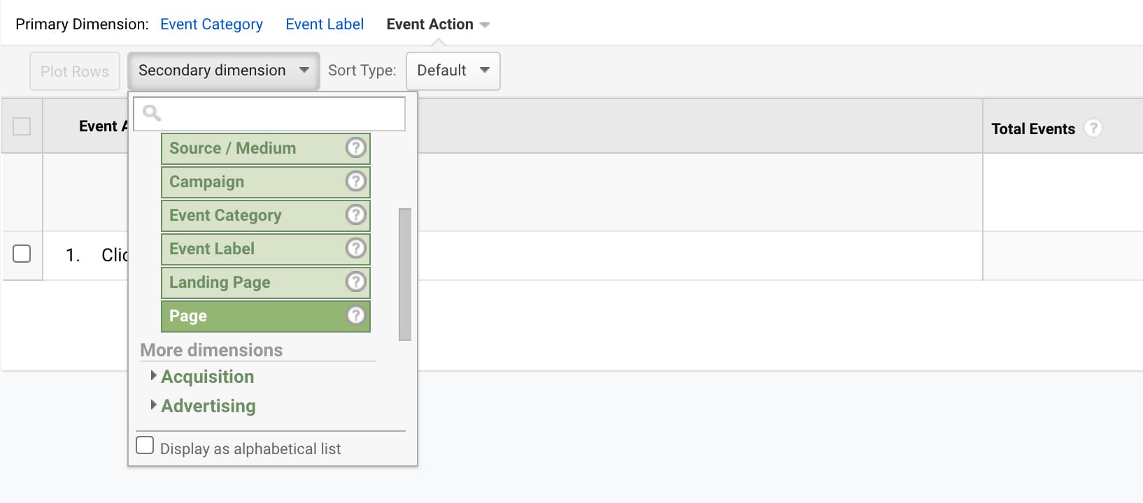 Google Analytics, Events search detail