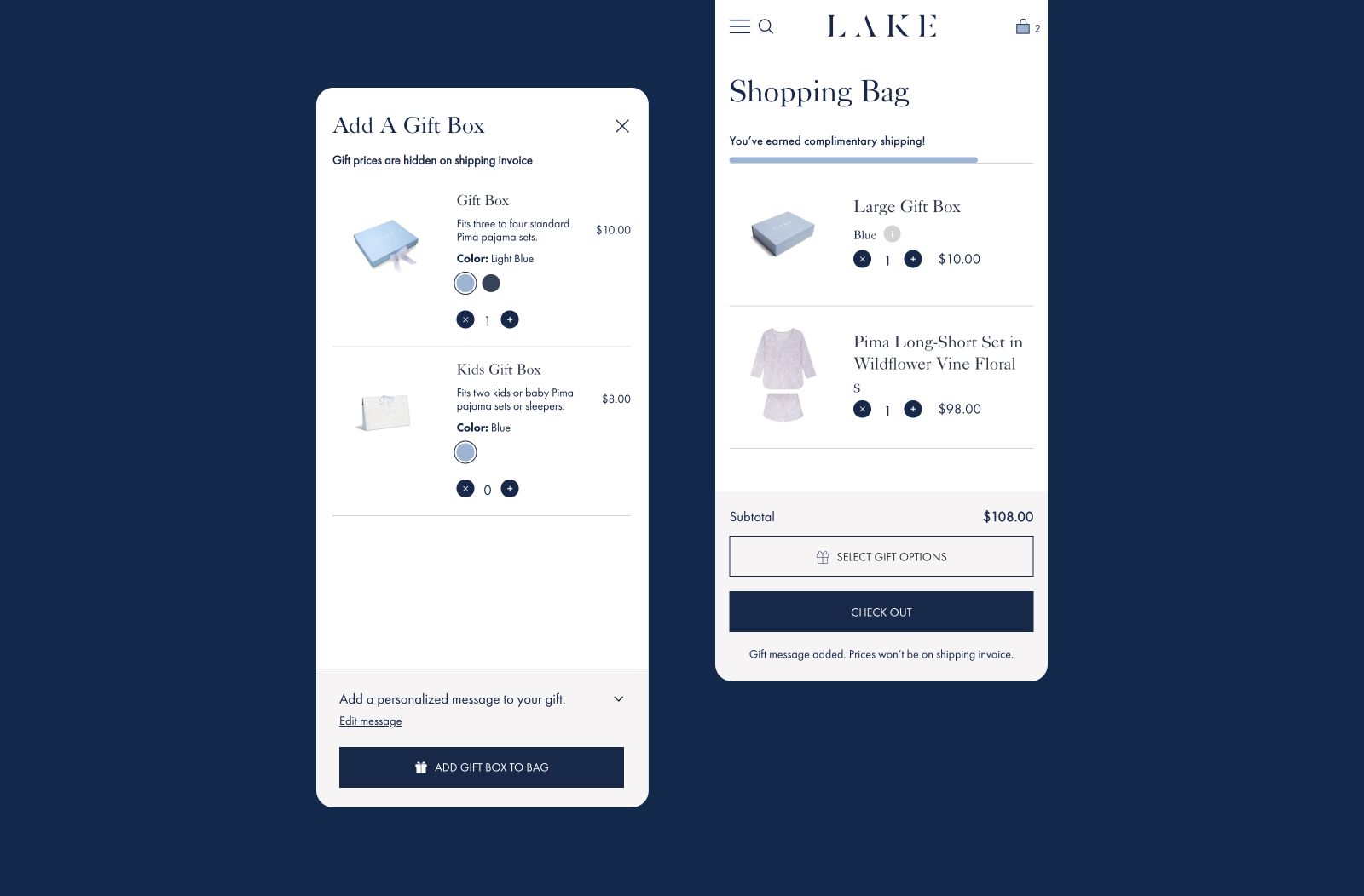 Lake Pajamas offers Gift boxes in the cart