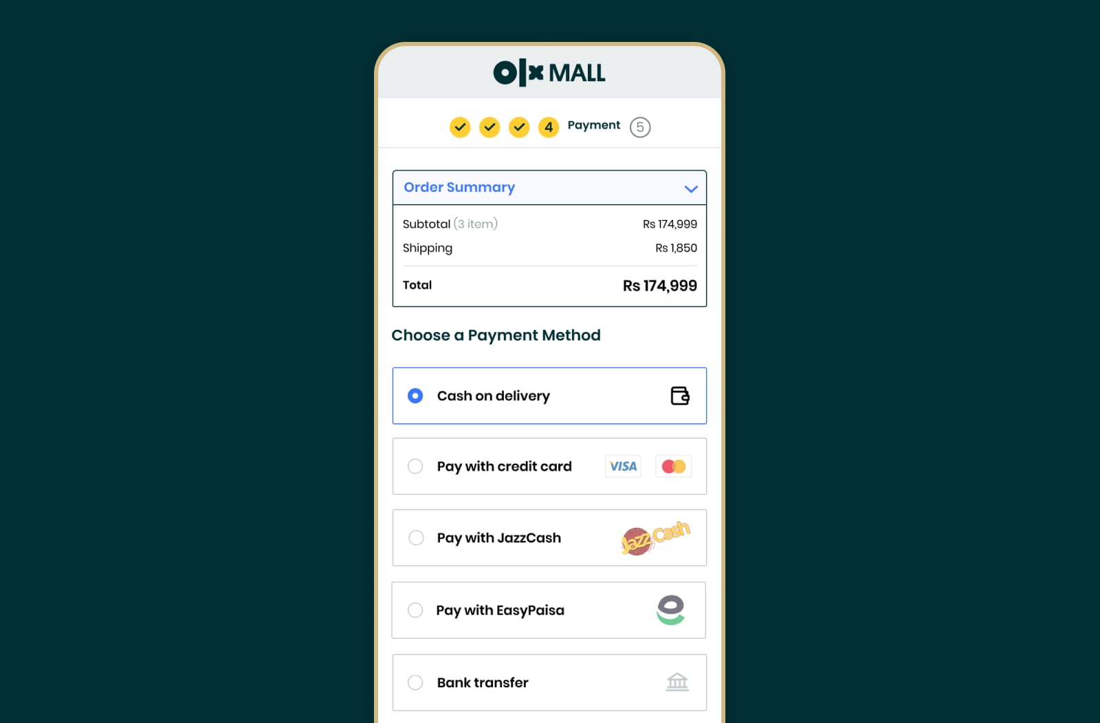 OLX Mall's payment method selector
