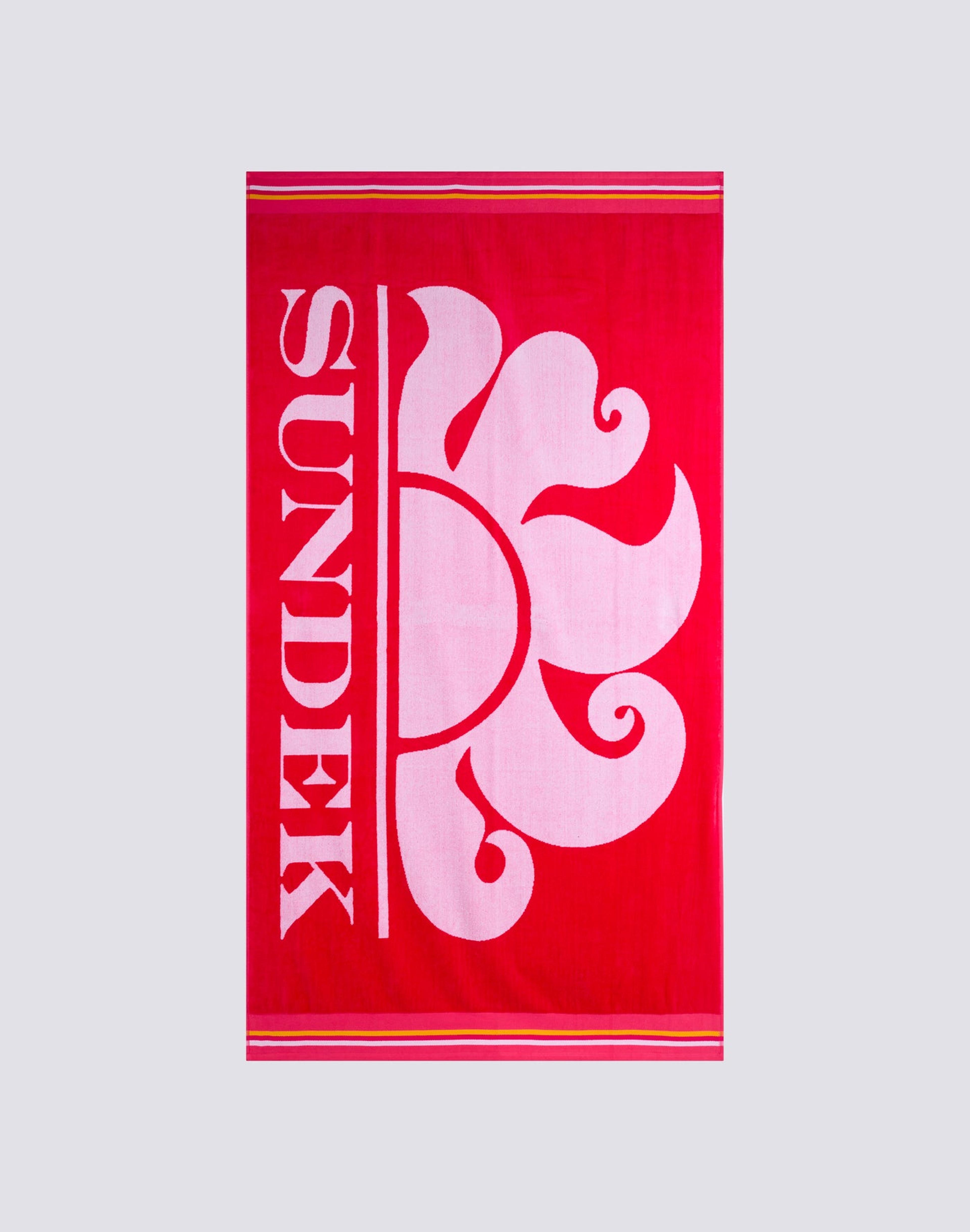 Sundek beach towel with the brand's sun logo