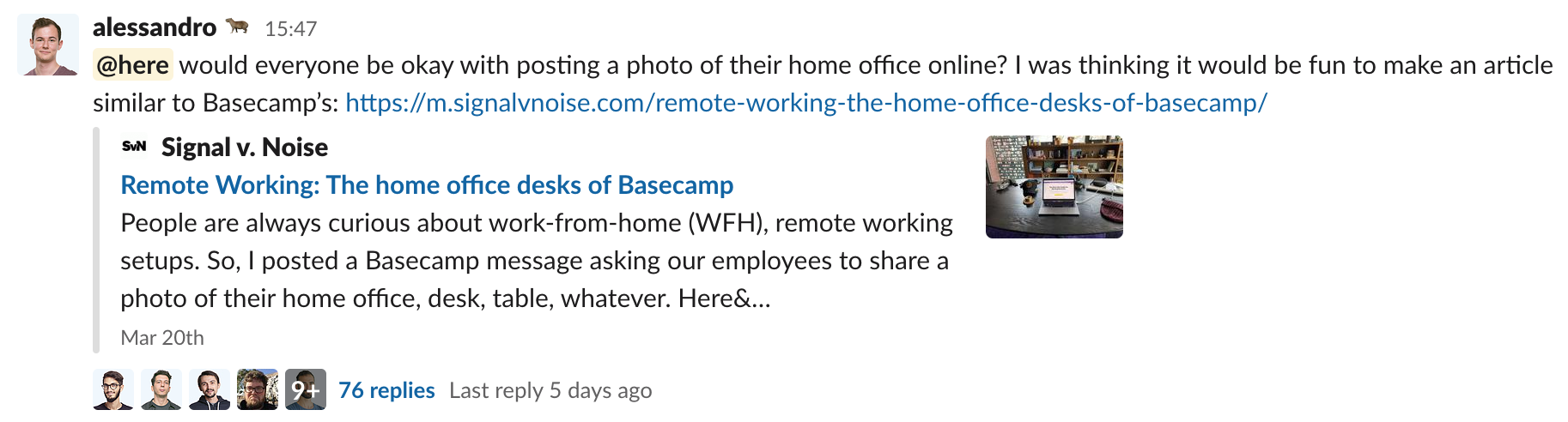 The Slack message where I ask our team to upload a picture of their WFH setup.