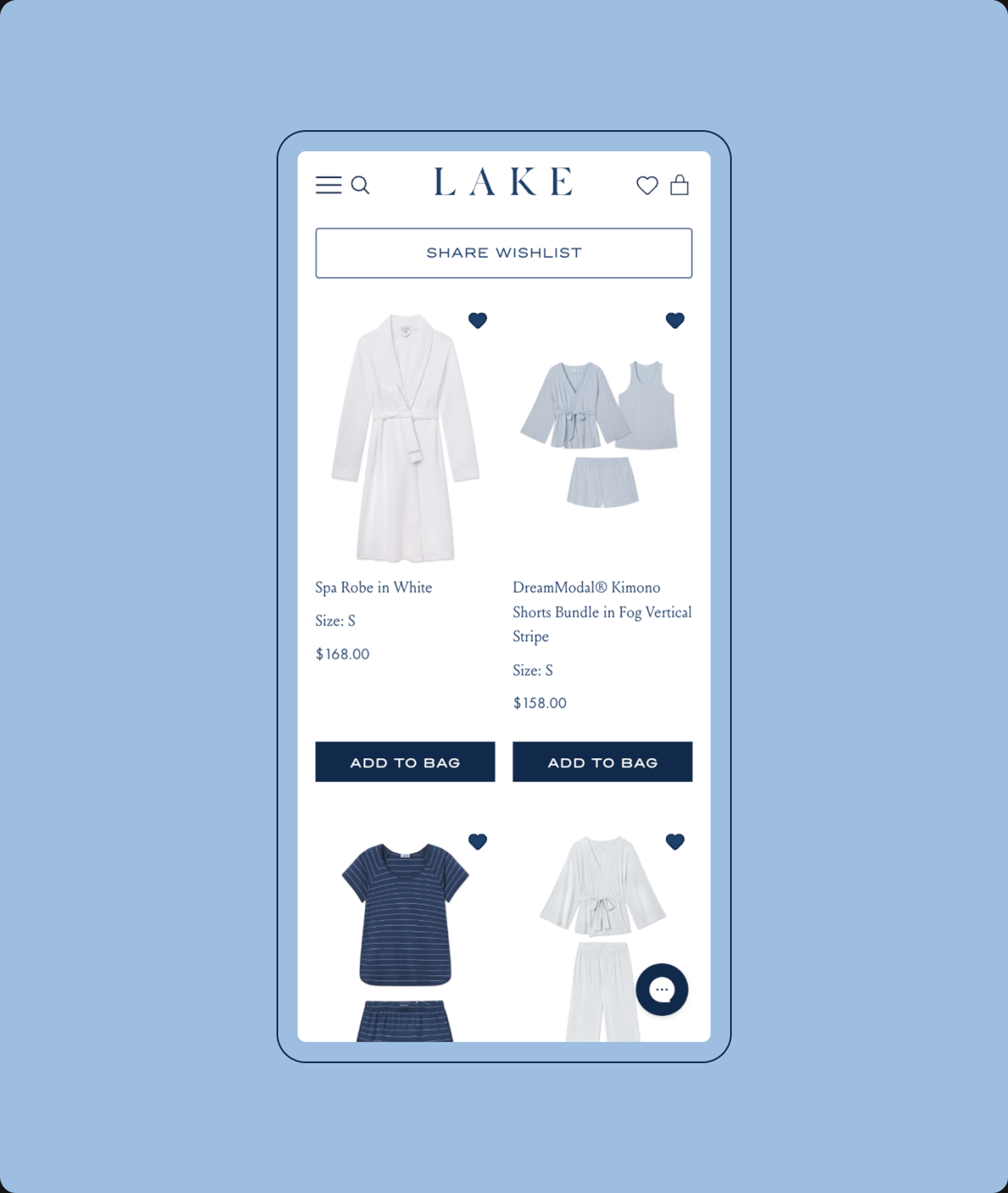 A shared LAKE wishlist on mobile, with Share Wishlist and Add to Bag actions