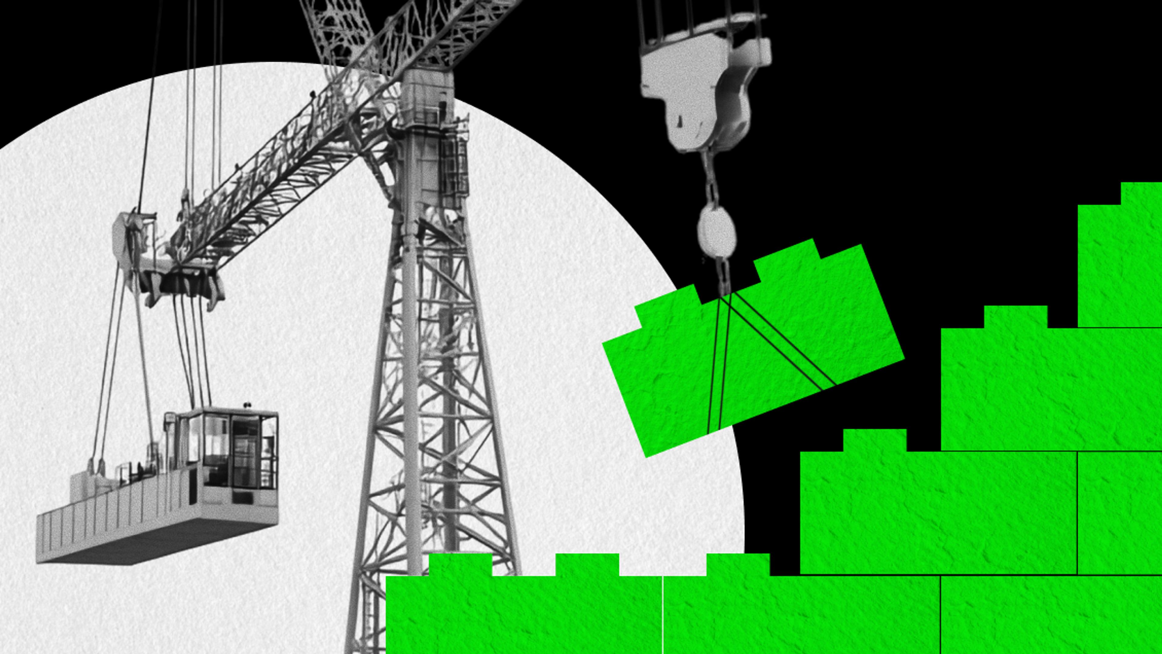 Construction crane lifting building block