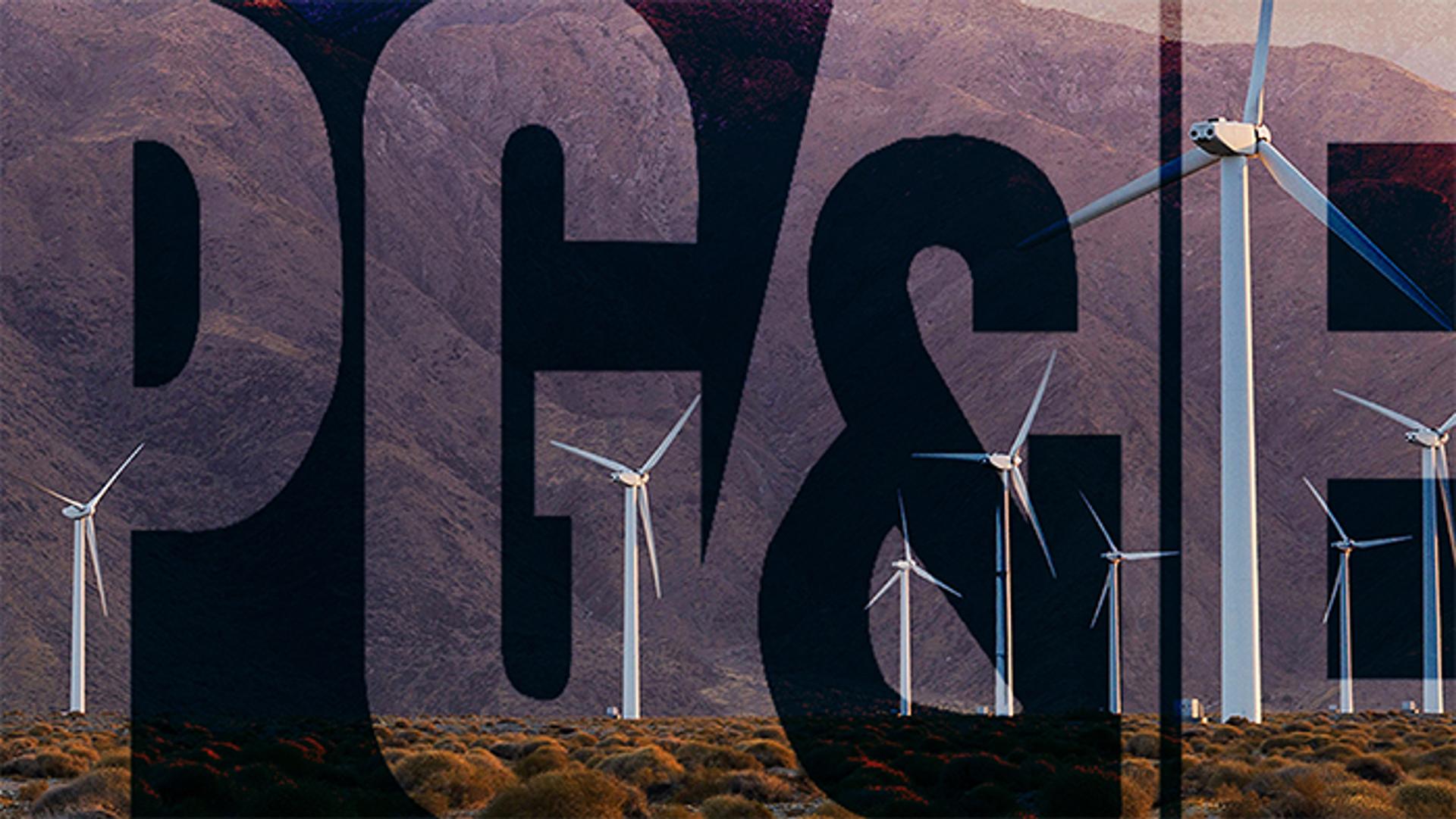 Wind turbines shown between the PG&E logo