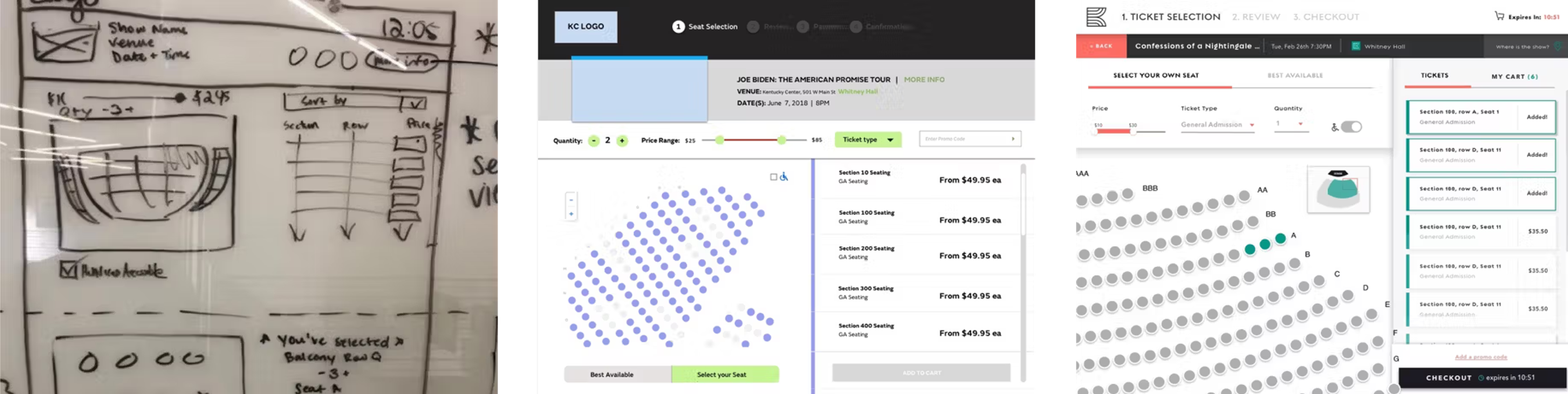 3 images from left to right - whiteboard, wireframe, final comp of ticketing app