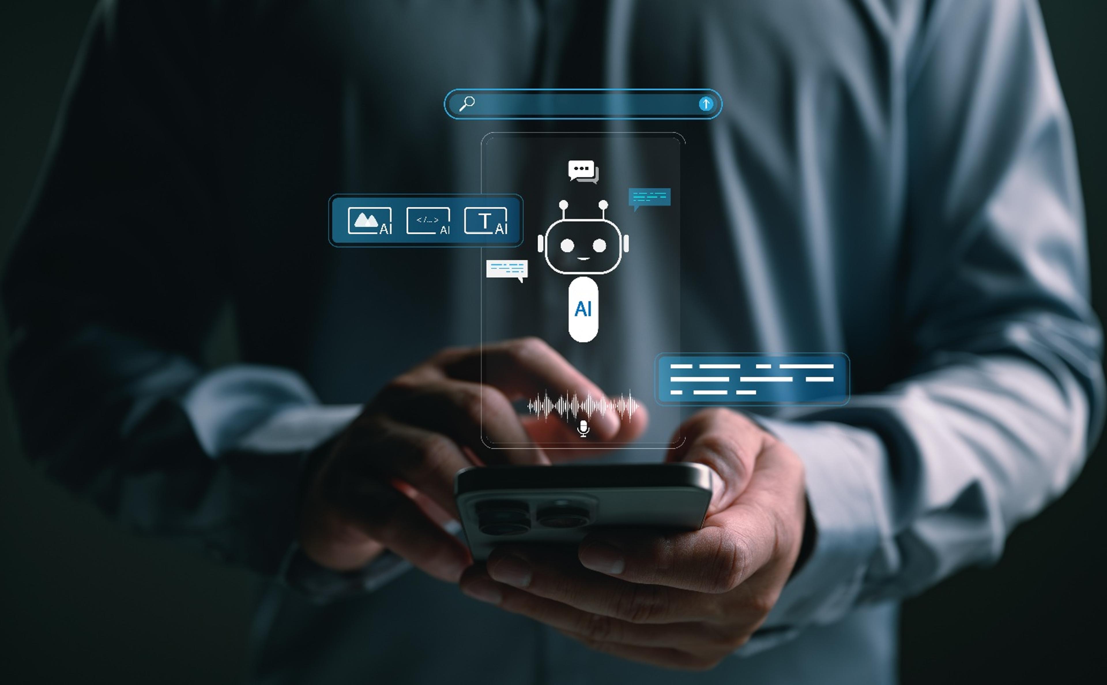 Person using a smartphone with an AI assistant interface showing search, chat, and content tools.