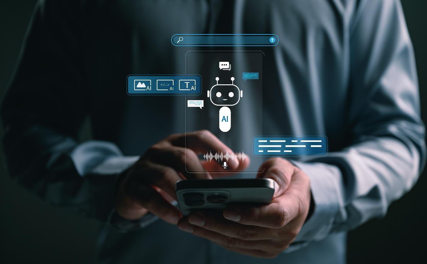 Person using a smartphone with an AI assistant interface showing search, chat, and content tools.