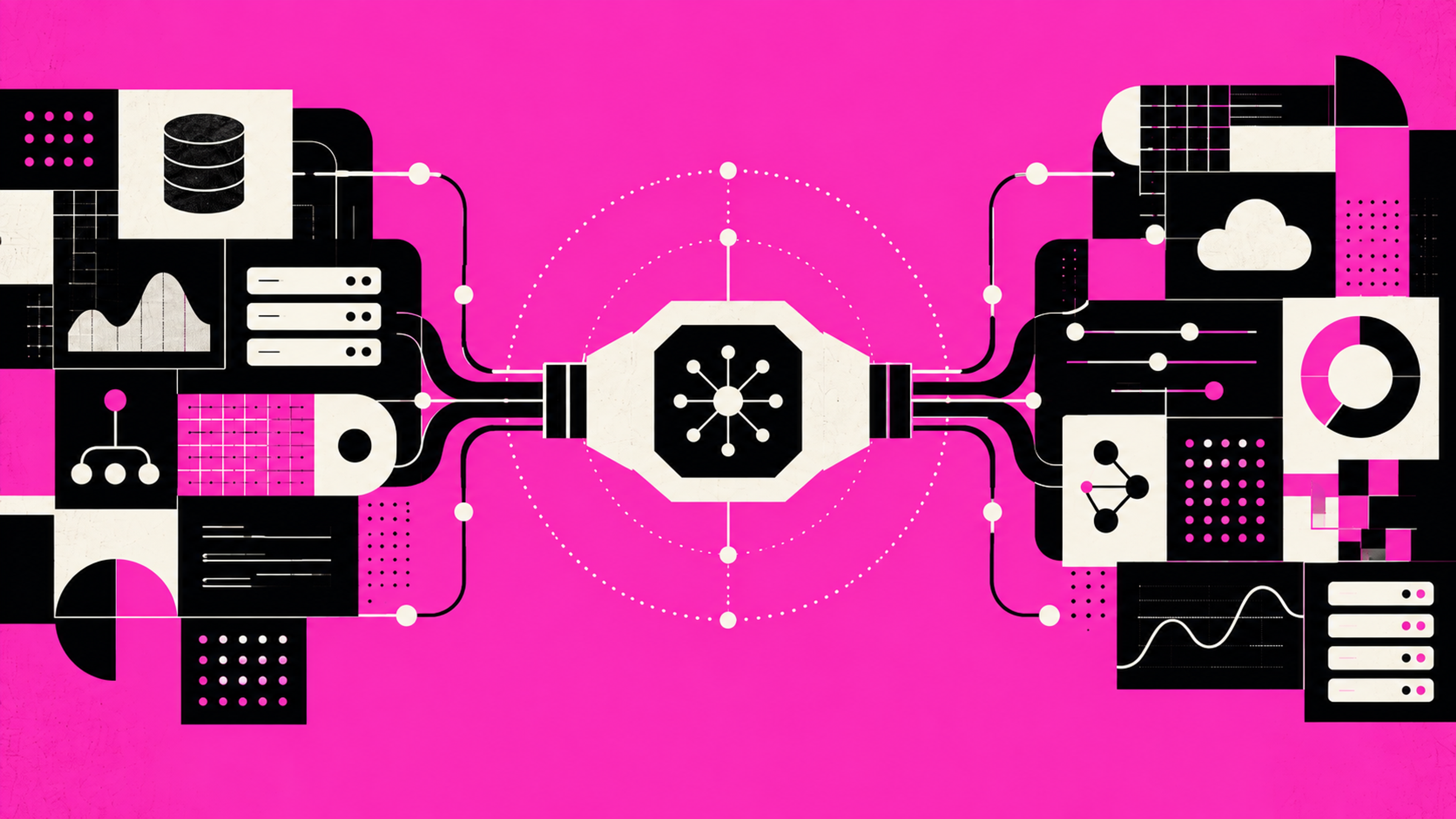 Black, white, and pink digital interface elements connected to a central geometric hub on a bright pink background.