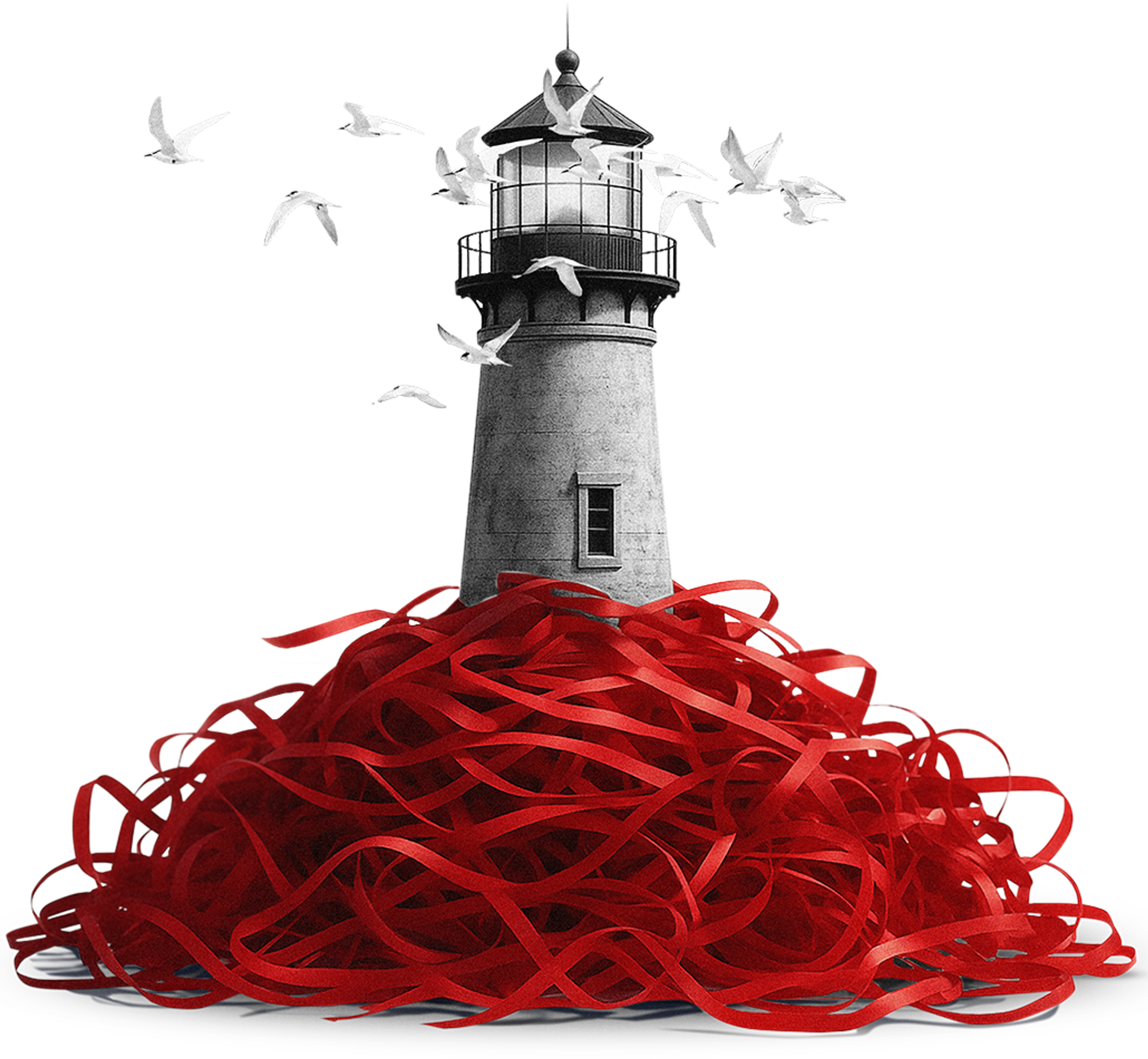 a lighthouse rising from a pile of red tape