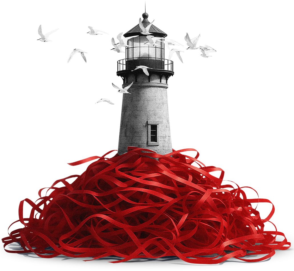a lighthouse rising from a pile of red tape