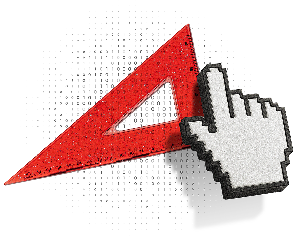 a triangle ruler and a cursor icon of a hand with a pointer finger