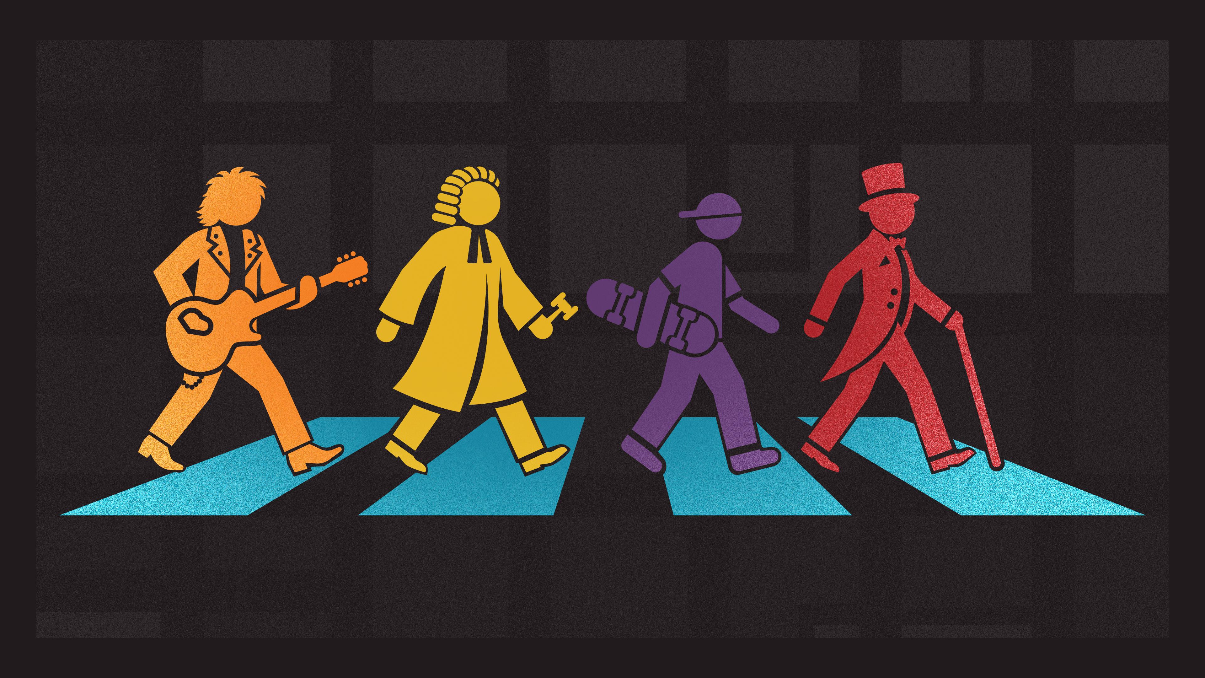 Four icons walking along a crosswalk.