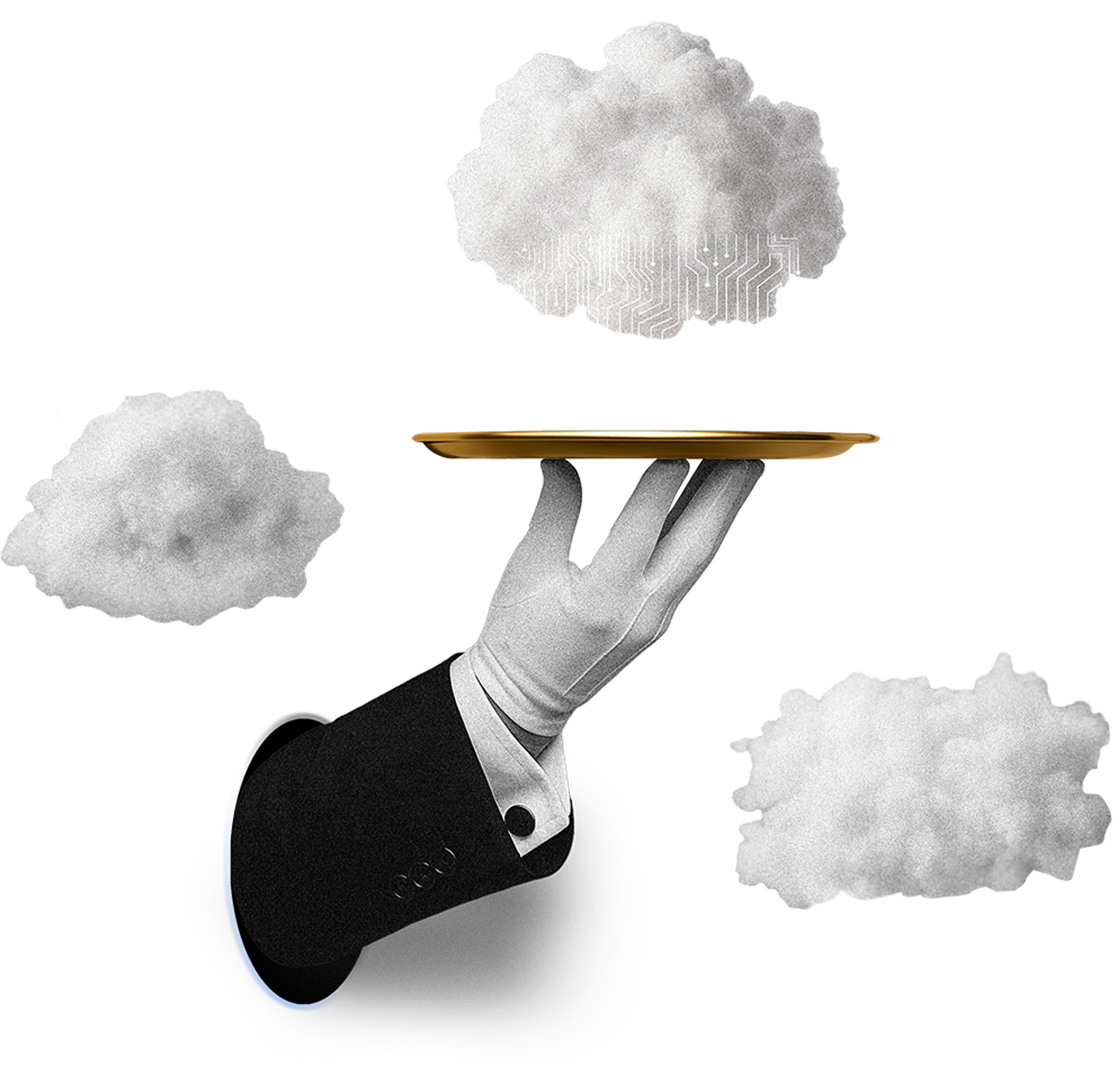 A gloved hand holding a tray beneath a floating digital cloud