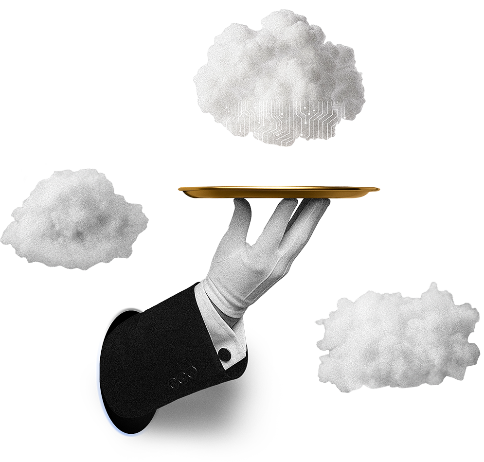A gloved hand holding a tray beneath a floating digital cloud