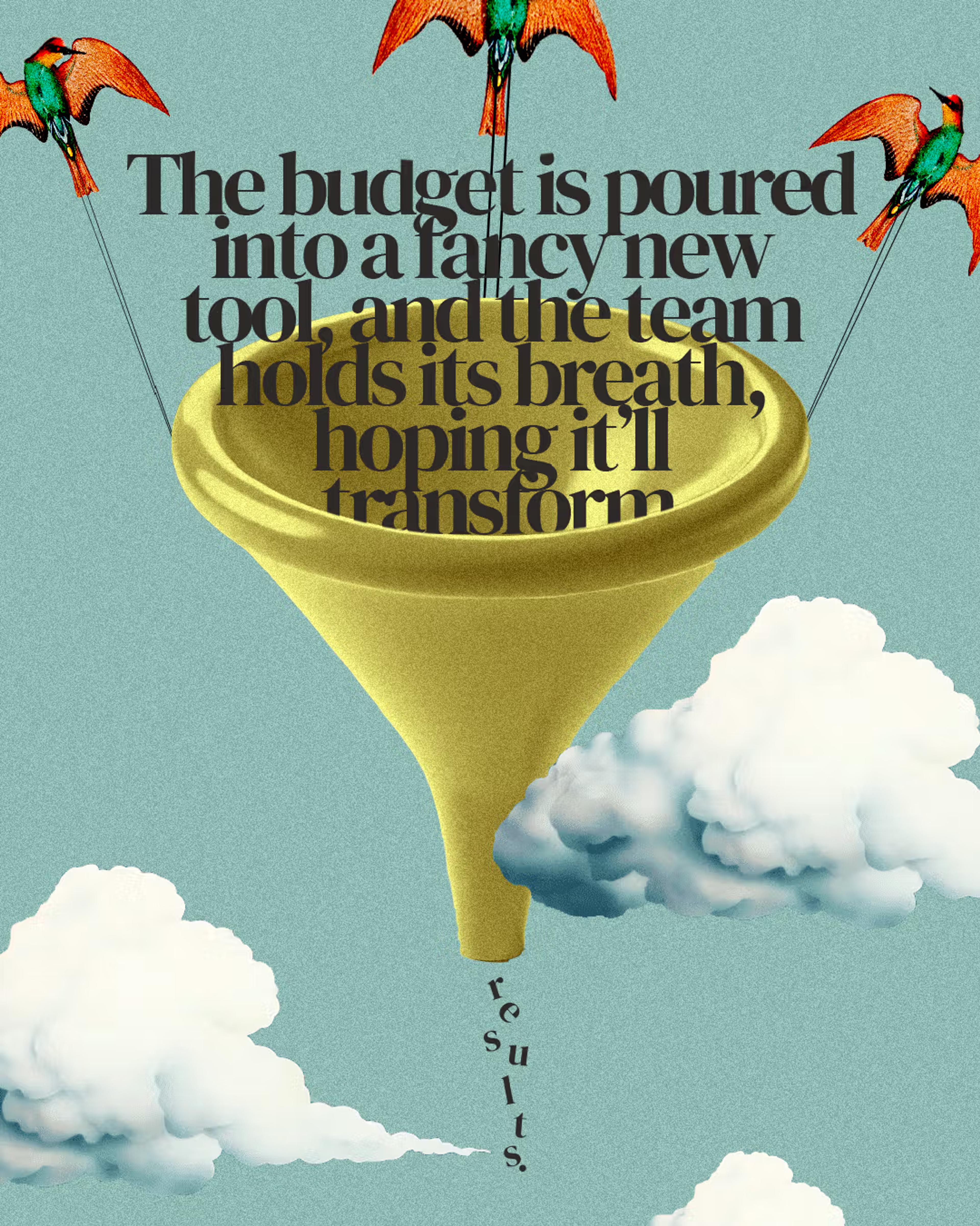 Illustration of birds lifting a funnel with text about pouring budget into a new tool.