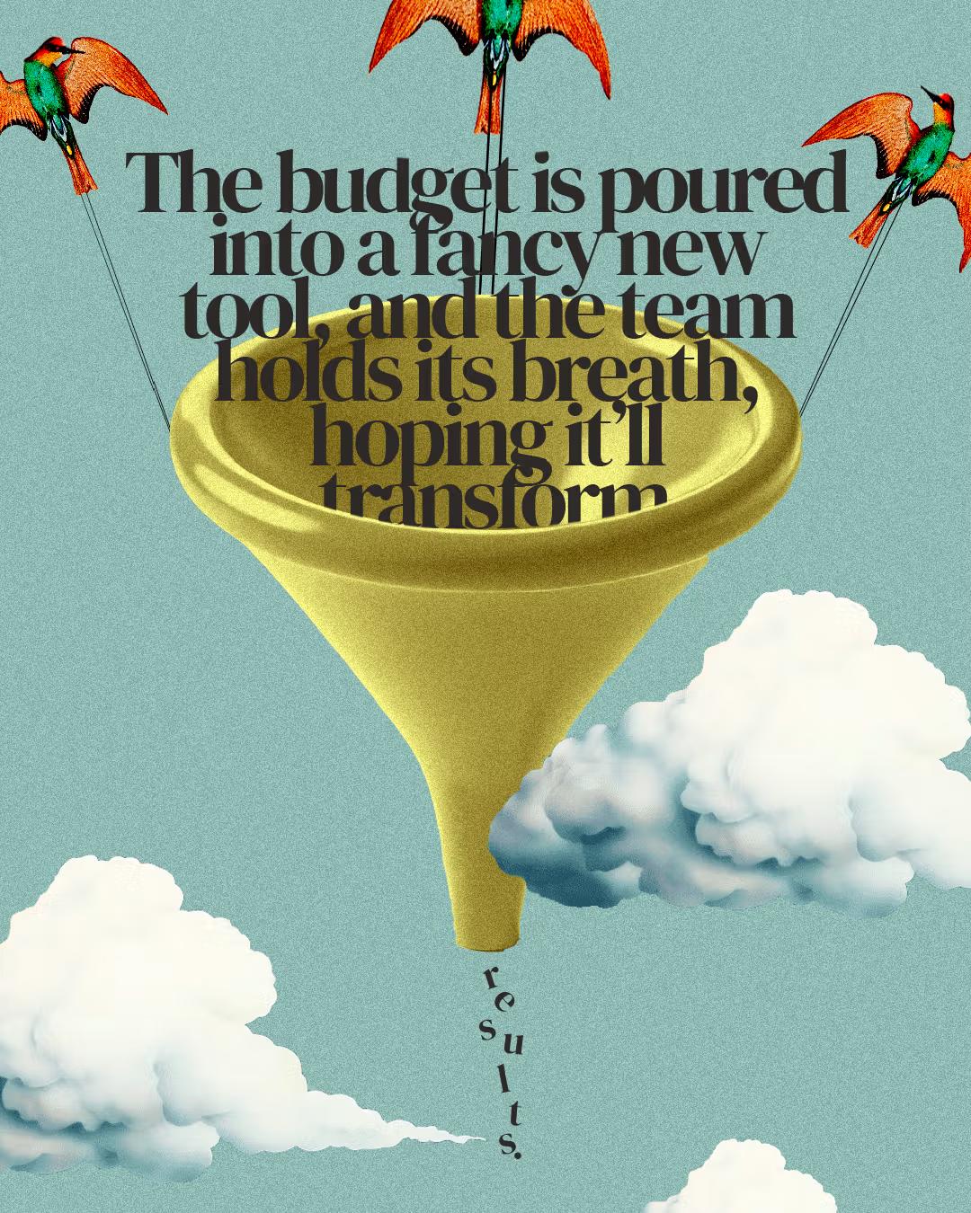 Illustration of birds lifting a funnel with text about pouring budget into a new tool.