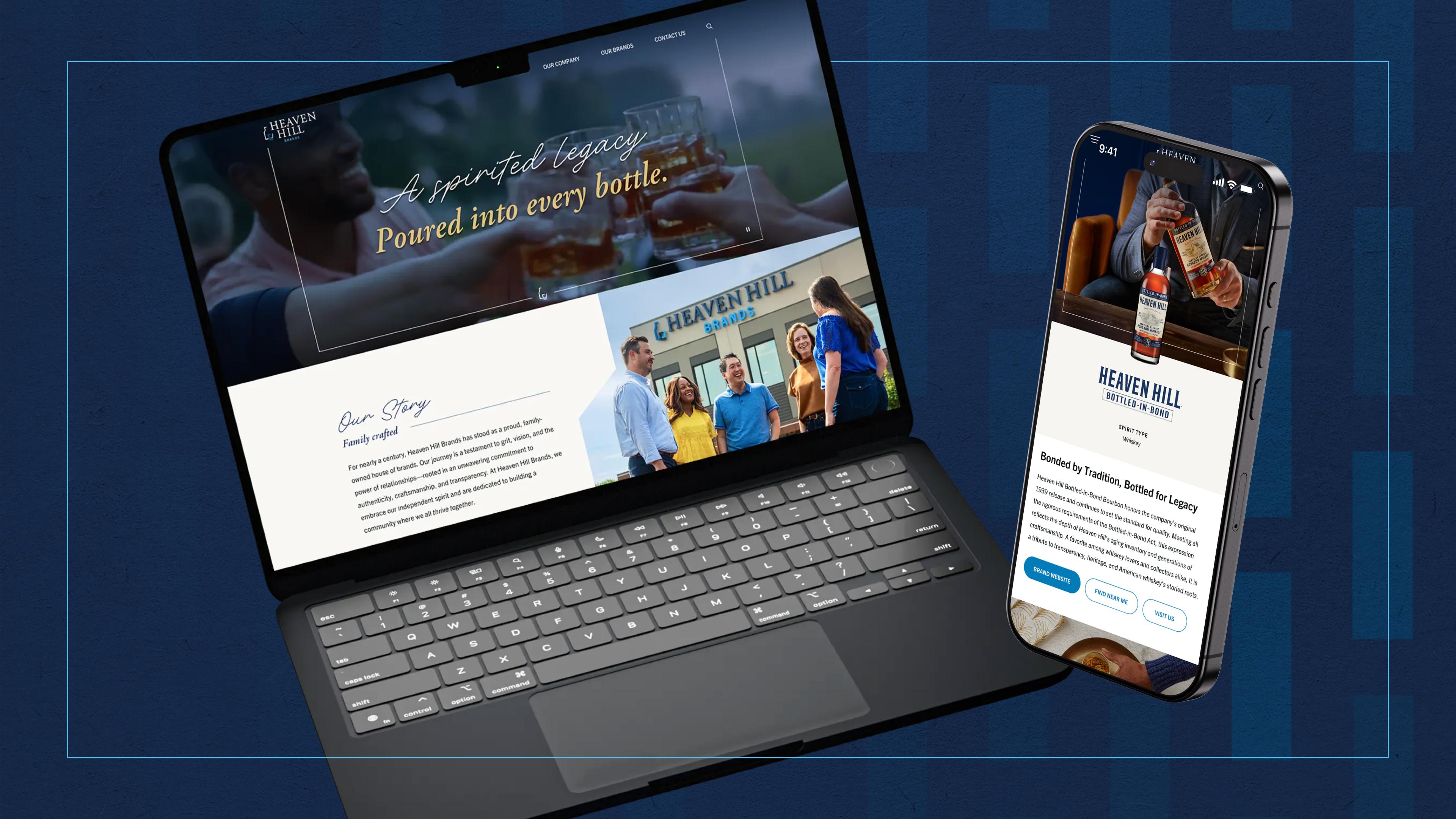Laptop and cell phone showing screens from the heaven hill brands website