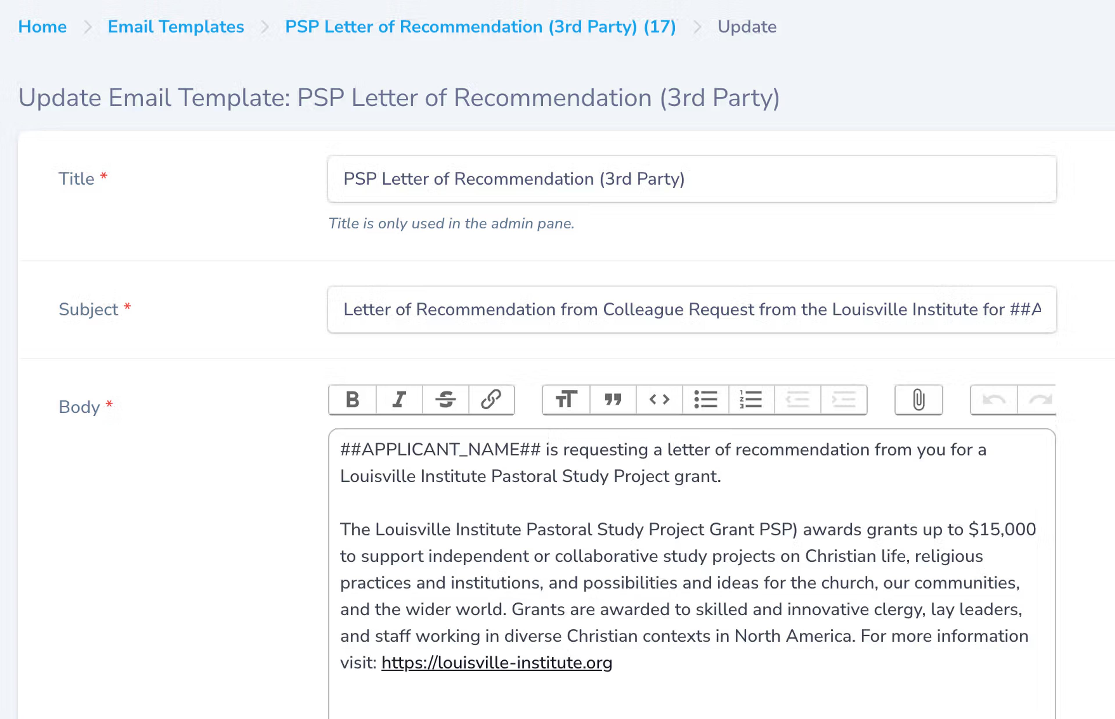 Update email template, PSP letter of Recommendation