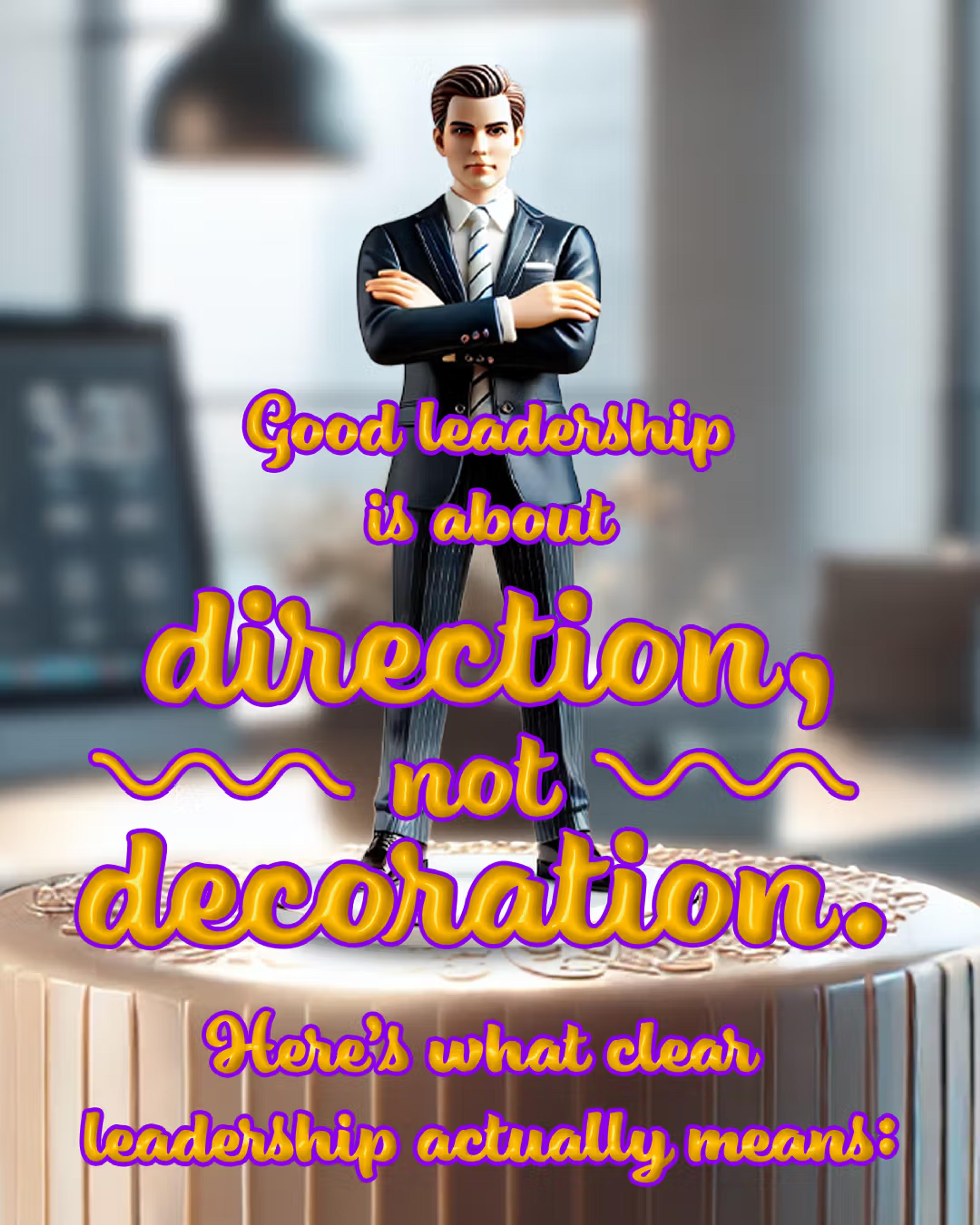 Toy-like businessman on a cake with the text Good leadership is about direction, not decoration.