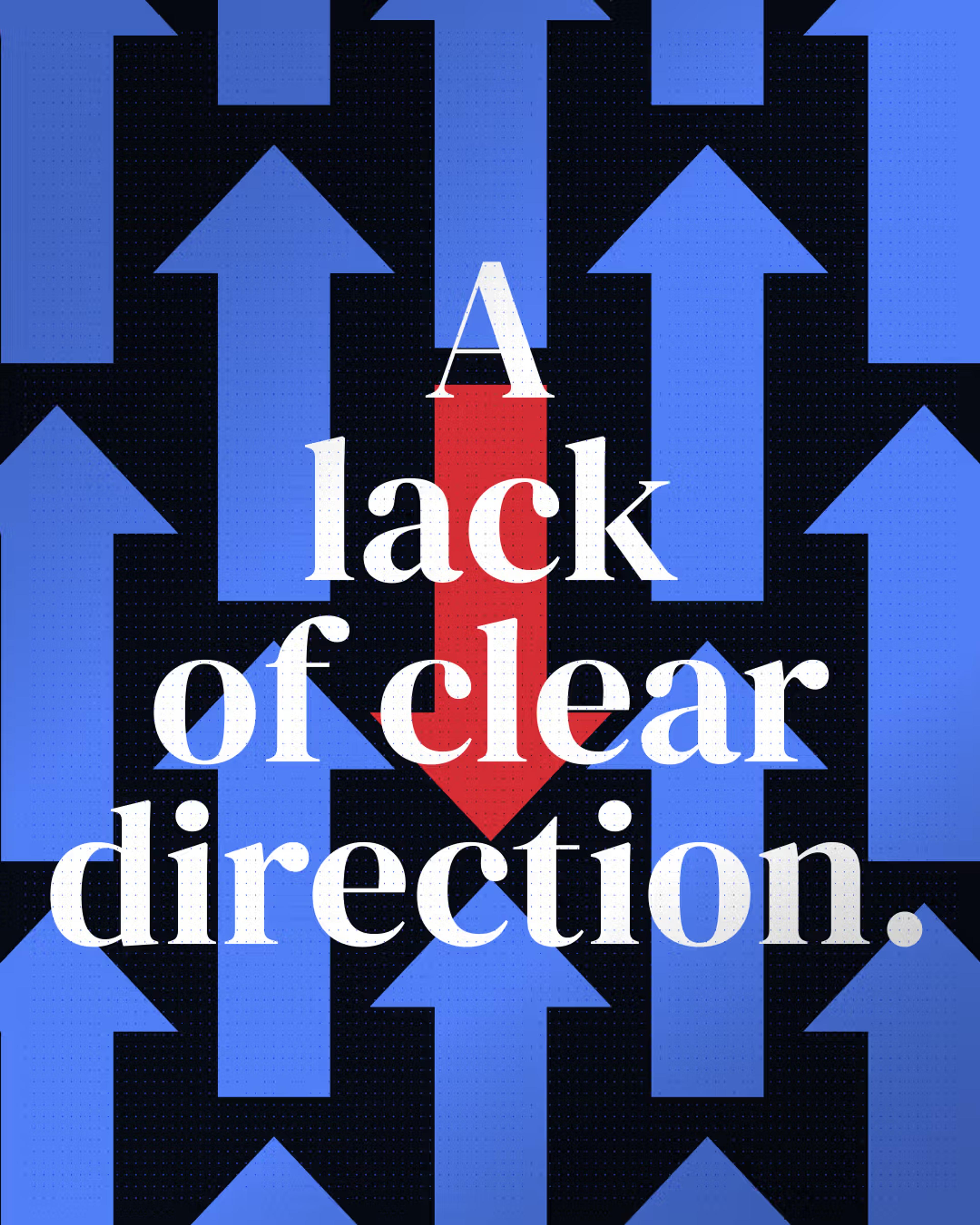 Blue arrows pointing up with one red arrow pointing down behind the text A lack of clear direction.