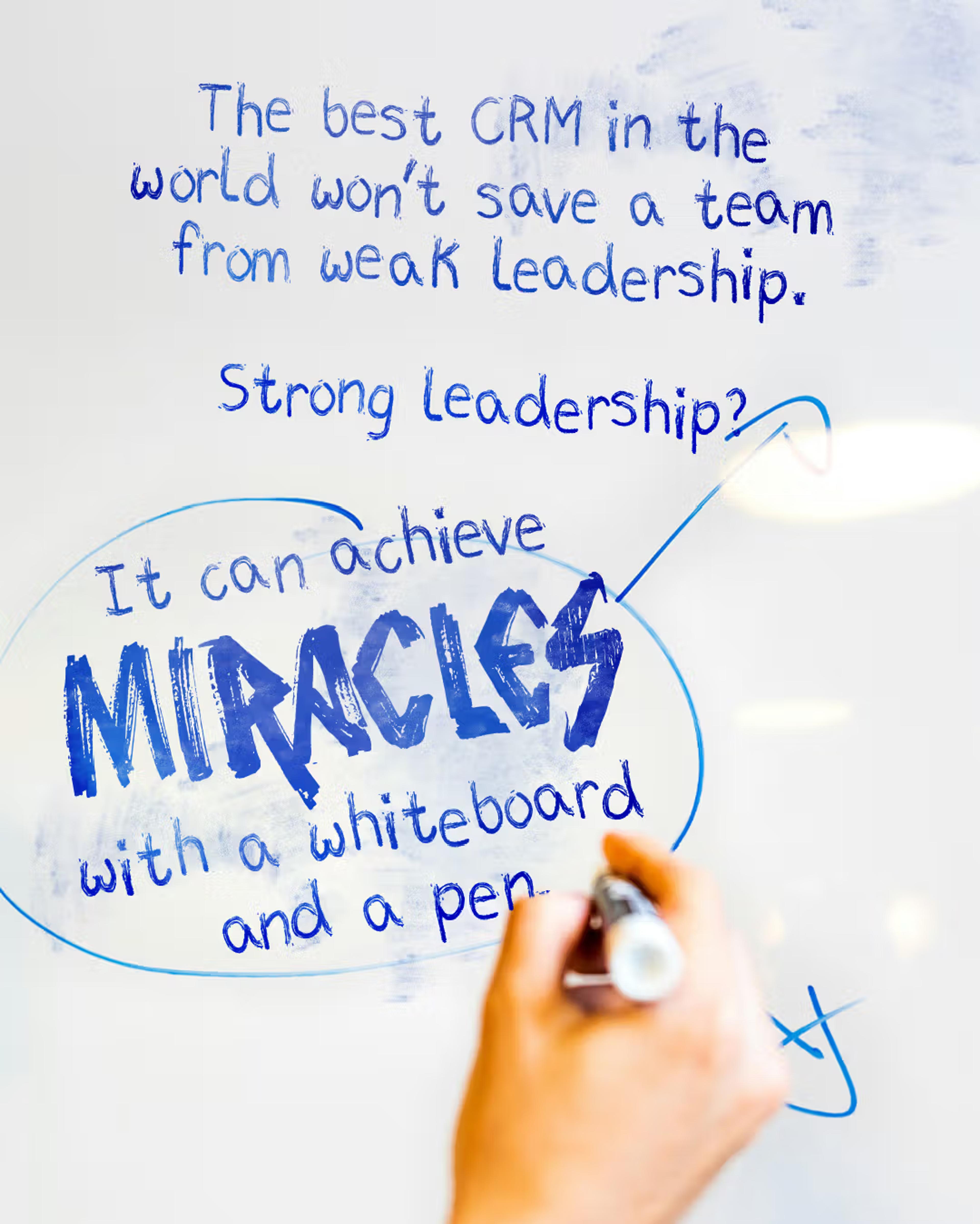 Hand writing on a whiteboard with text about strong leadership achieving results.