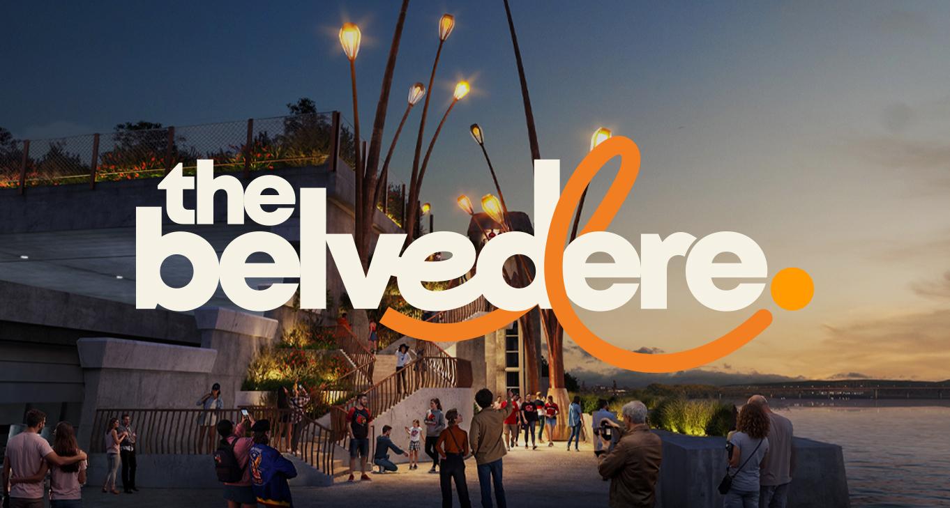 The Belvedere logo overlayed a night time view of a staircase leading to the park.
