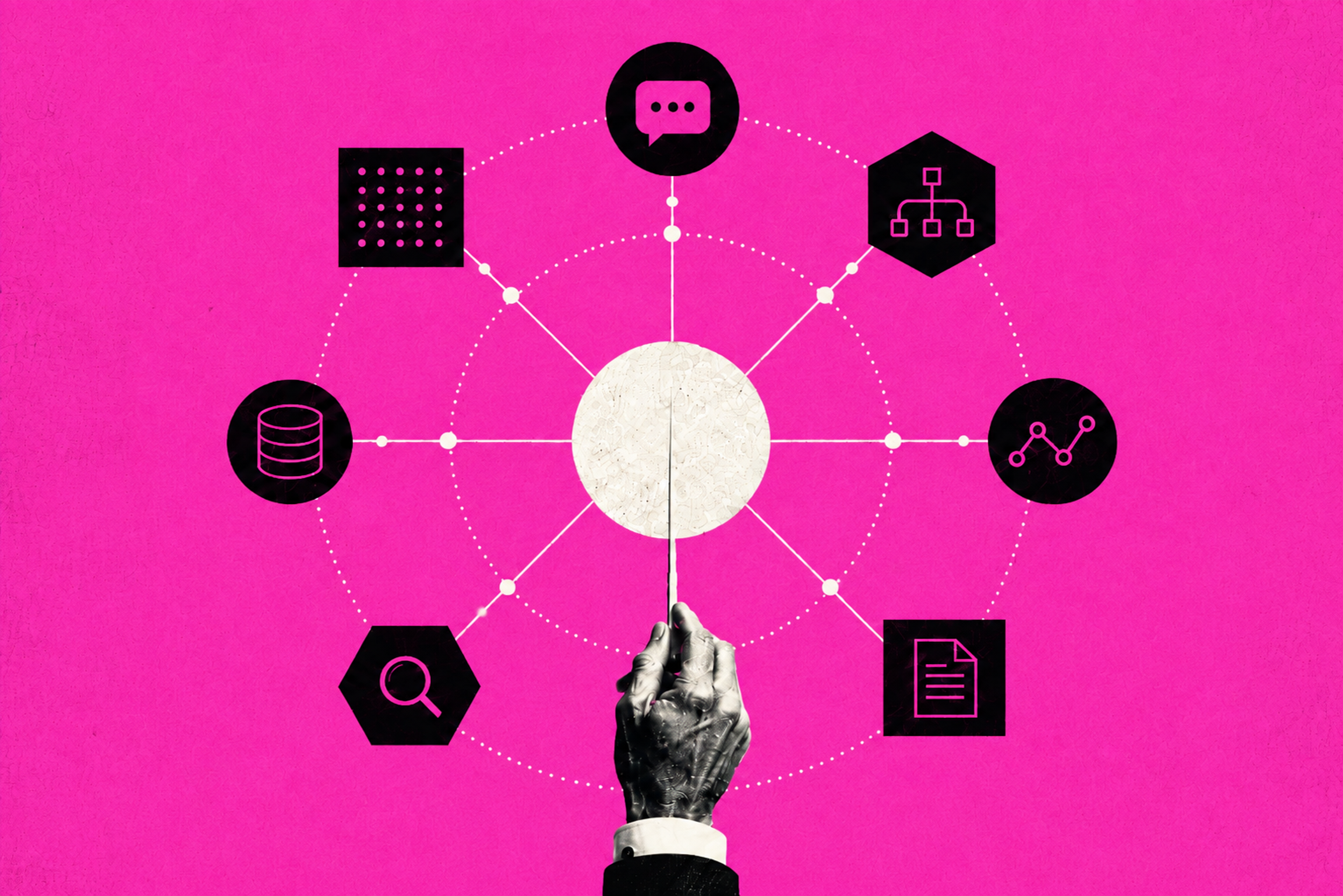Abstract illustration of a conductor’s hand directing connected AI and digital workflow elements on a bright pink background.