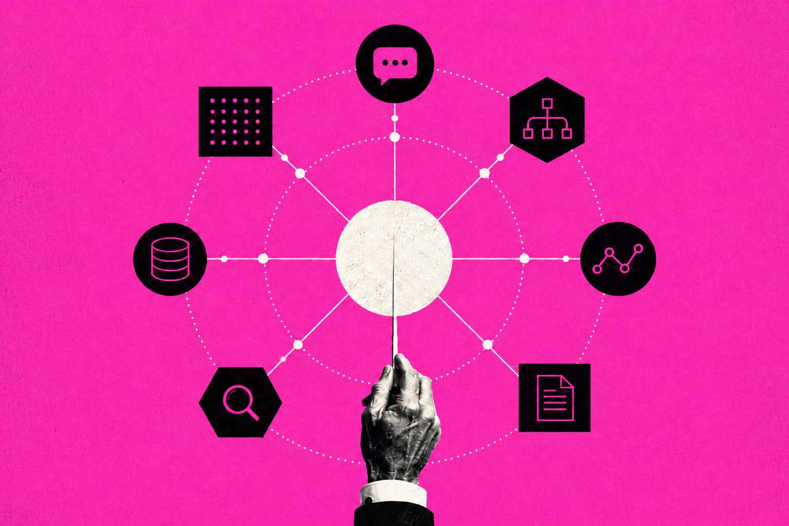 Abstract illustration of a conductor’s hand directing connected AI and digital workflow elements on a bright pink background.