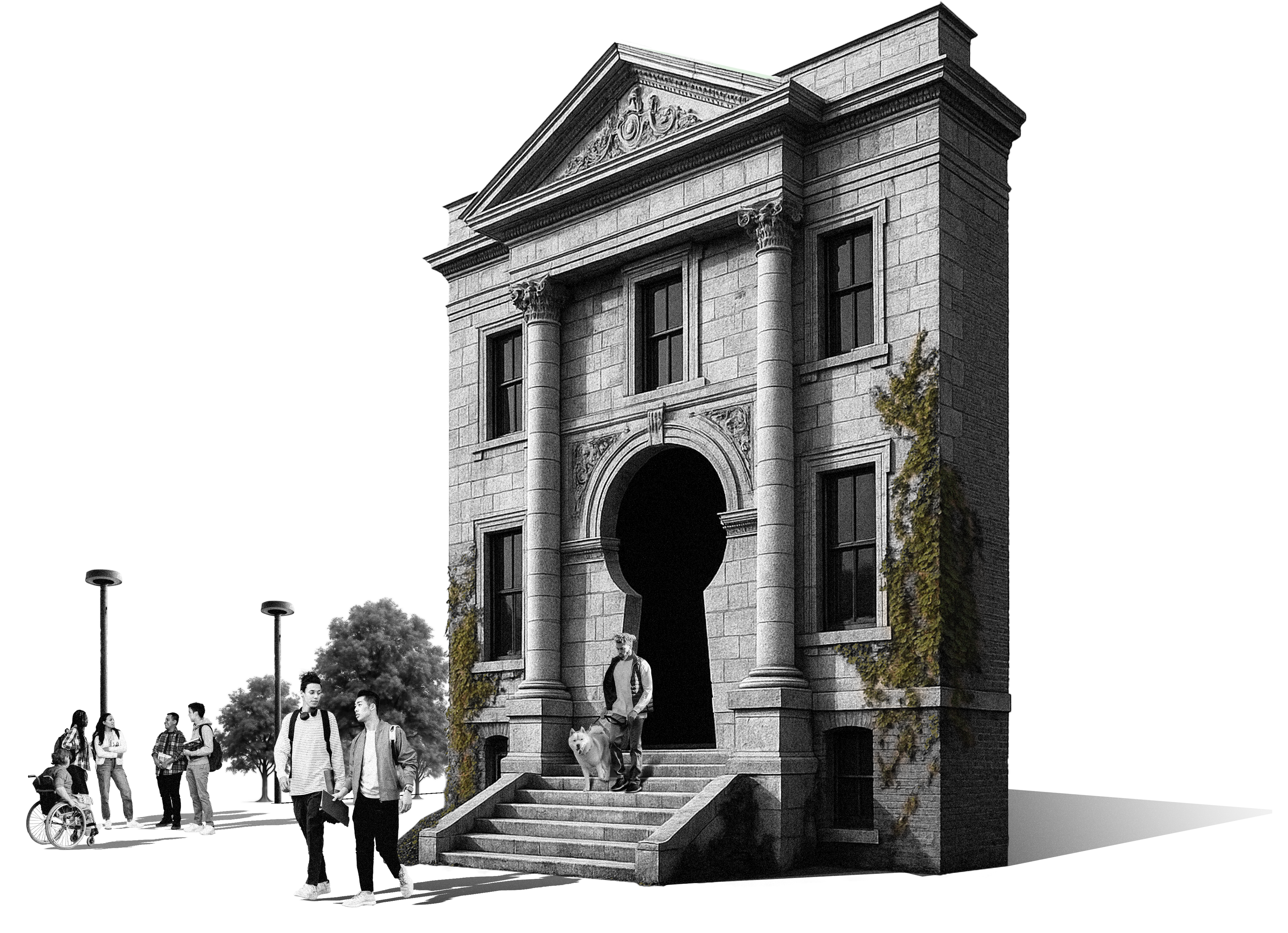 a building facade. The doorway is the shape of a keyhole. 