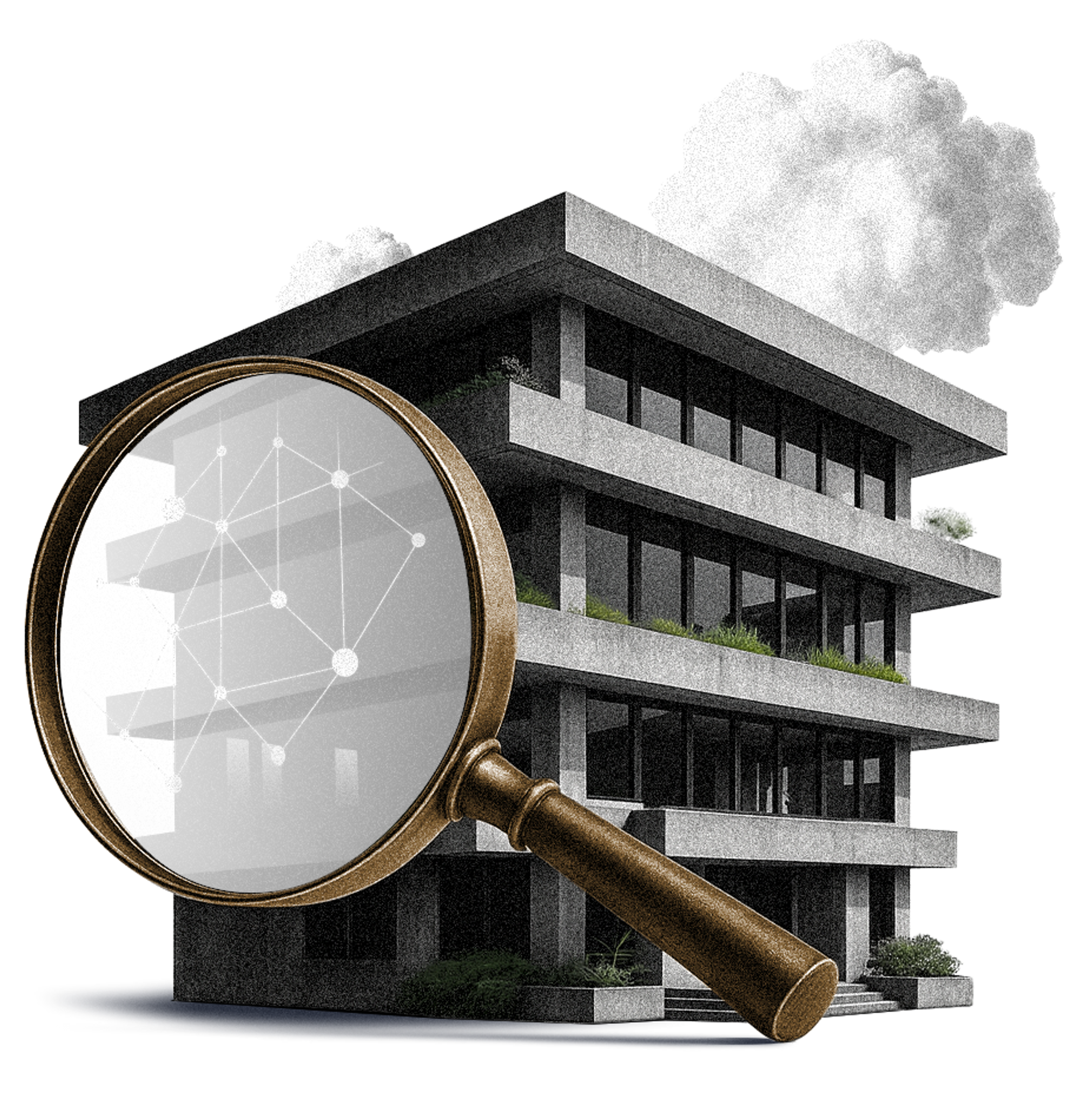 a building and a magnifying glass