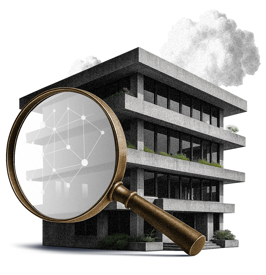 a building and a magnifying glass