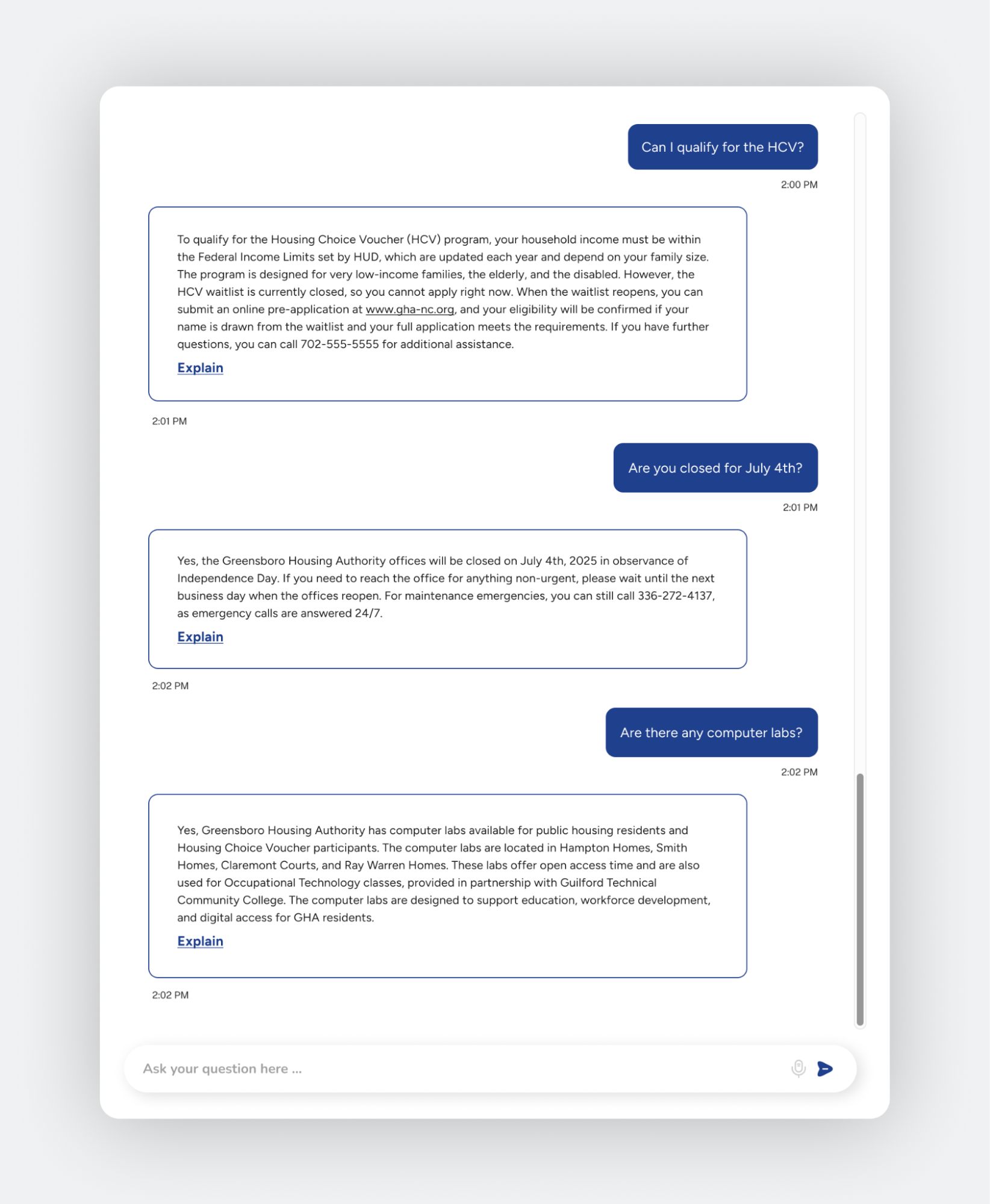 Greensboro Housing Authority chatbot welcome screen in GHA blue, featuring the logo, a couple in a doorway, and the prompt "How can we help you today?"