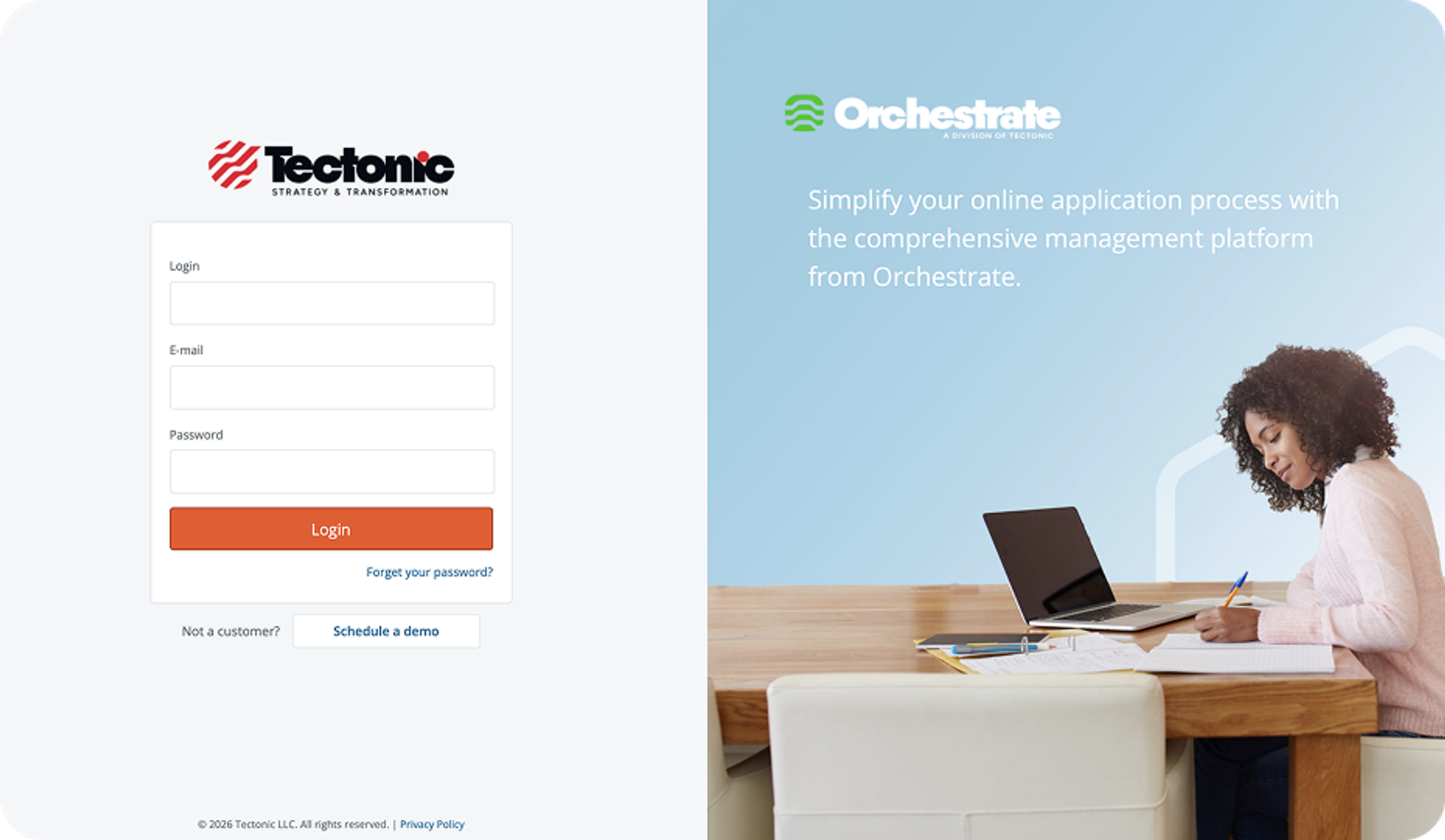 Orchestrate platform login screen