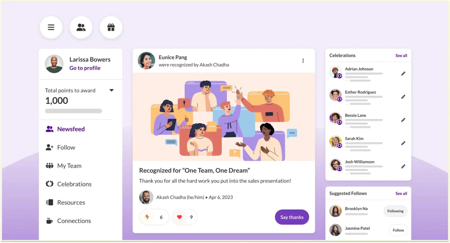 Achievers newsfeed with a recognition post, a points-to-award balance and a Celebrations panel