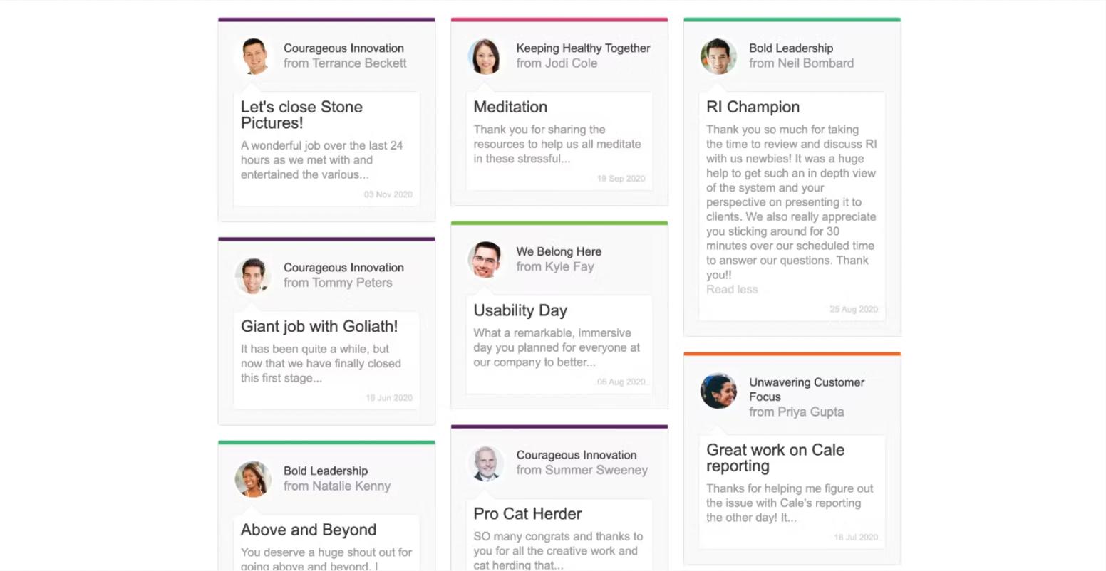 Workhuman Social Recognition wall of award posts tagged to company values